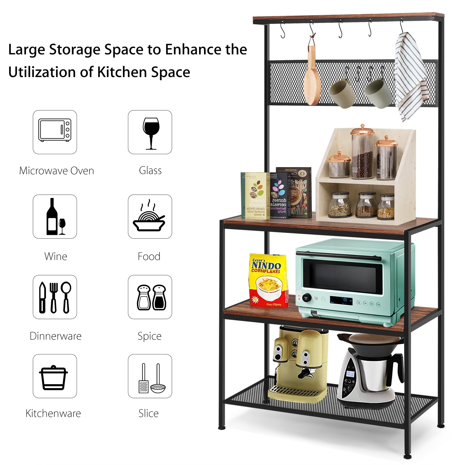 4-Tier Bakers Rack Kitchen Rack Stand with Hooks and Mesh Panel