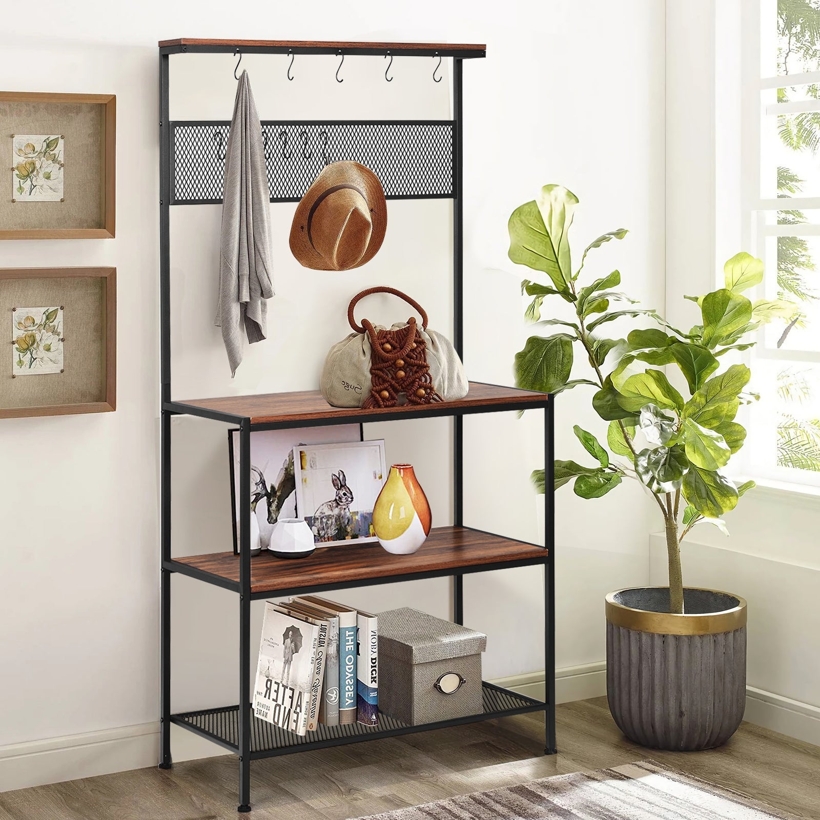 4-Tier Bakers Rack Kitchen Rack Stand with Hooks and Mesh Panel