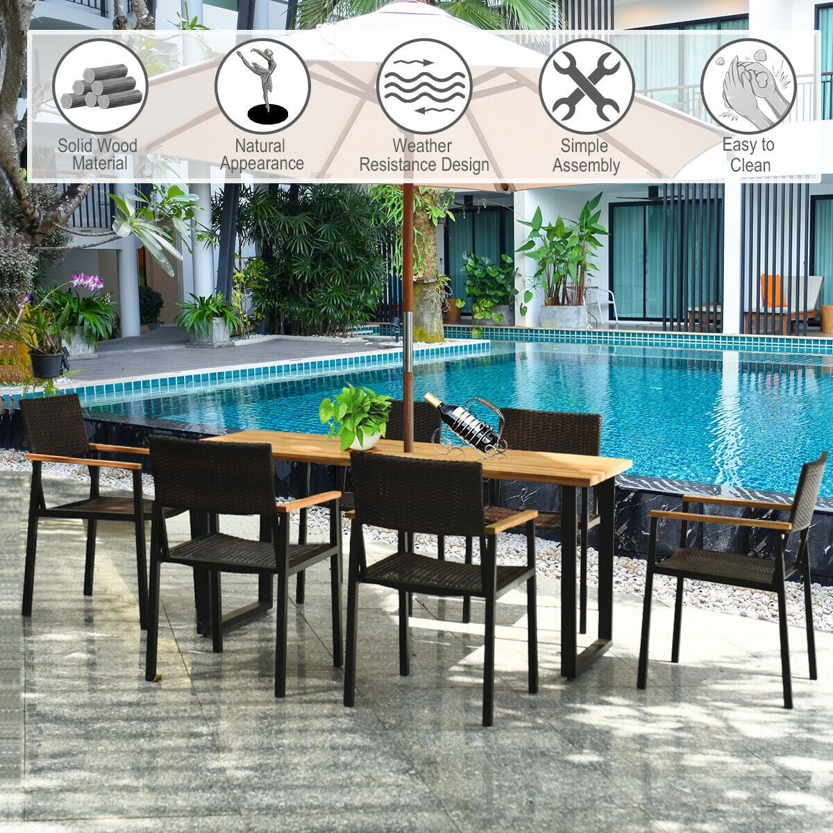 SUGIFT Patented 7 Pieces Outdoor Dining Set with Large Acacia Wood Table Top