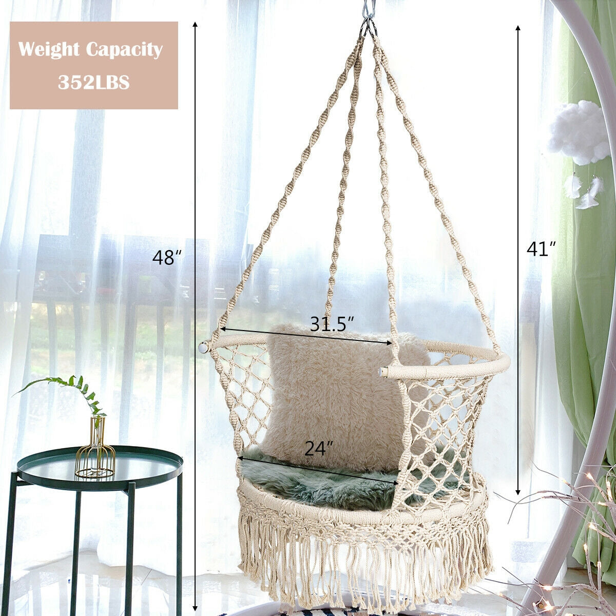 SUGIFT Hanging Hammock Chair with 330 Pounds Capacity and Cotton Rope Handwoven Tassels Design