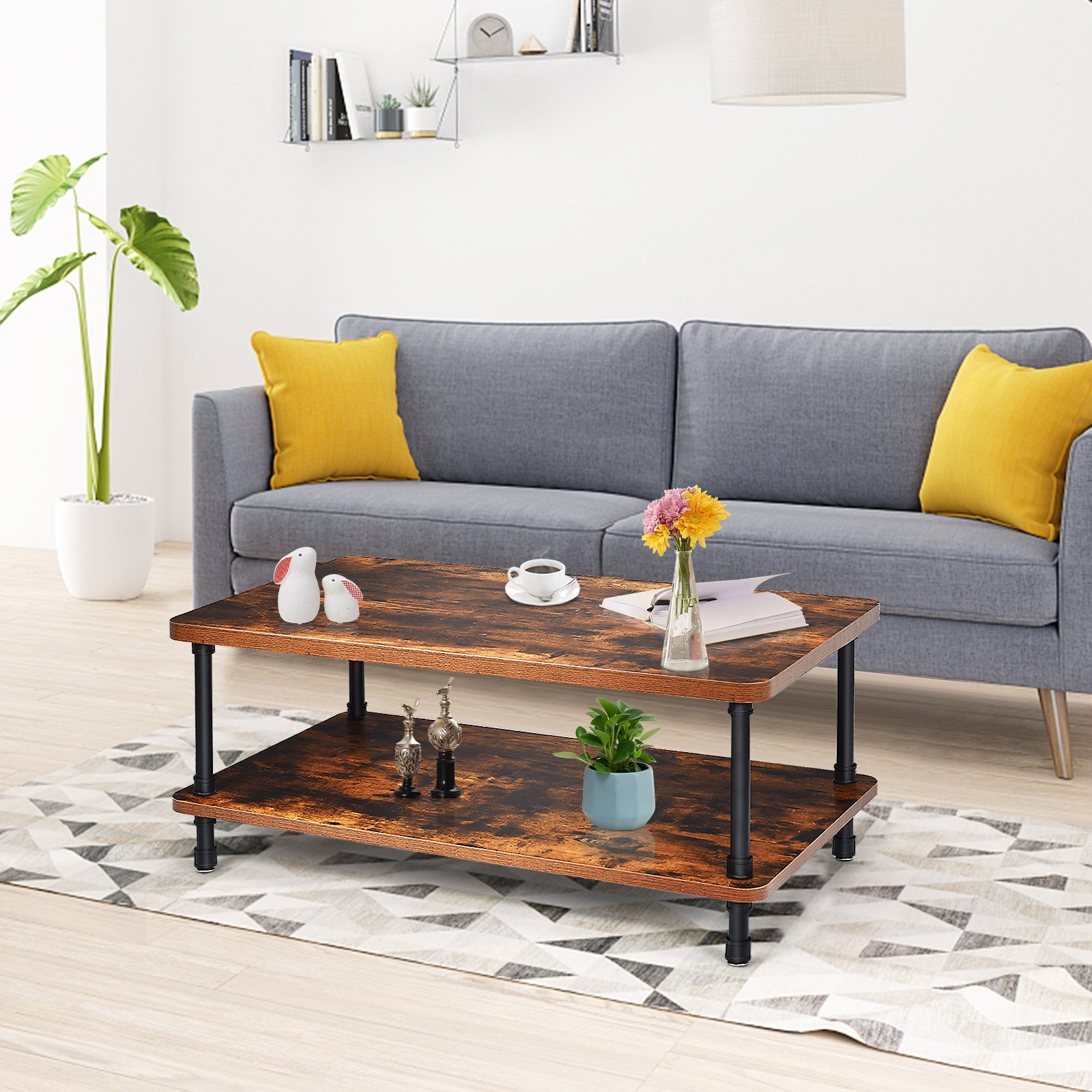 SUGIFT Industrial Vintage Coffee Table with 2-Tier Storage Shelf