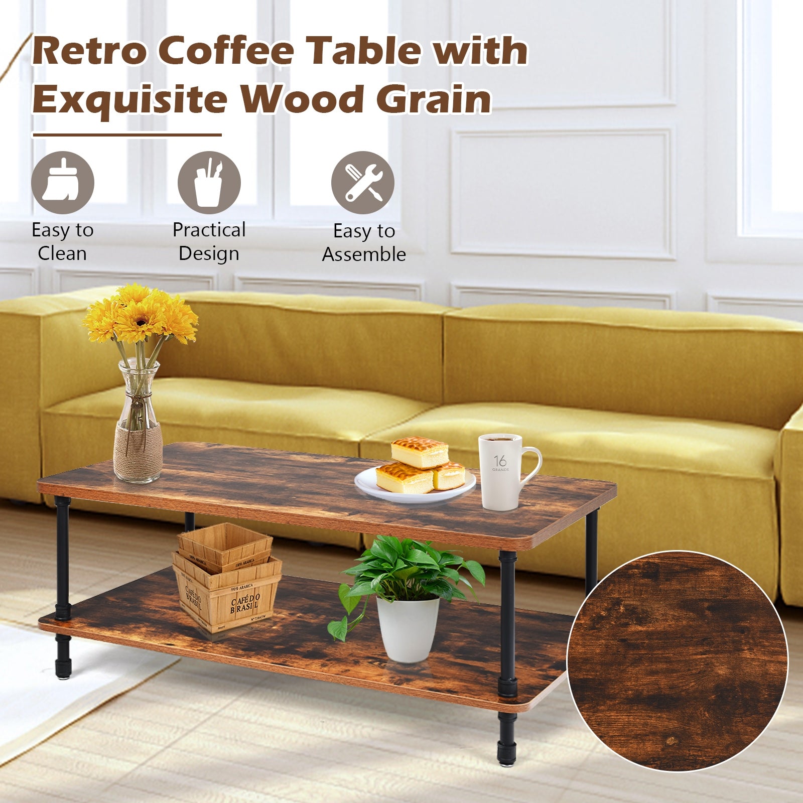 SUGIFT Industrial Vintage Coffee Table with 2-Tier Storage Shelf