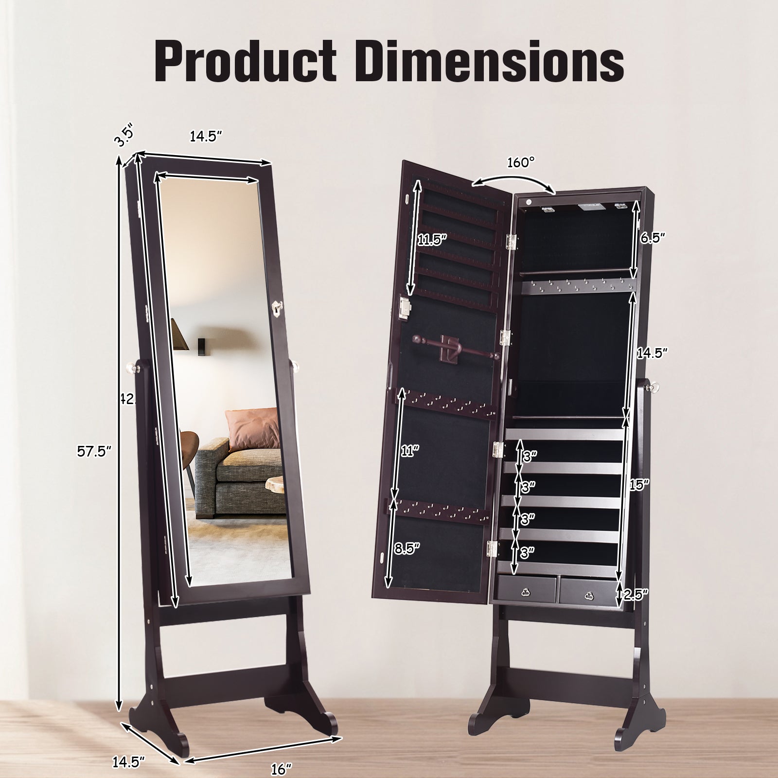 SUGIFT Lockable Mirrored Jewelry Cabinet with Stand and 2 LED Lights