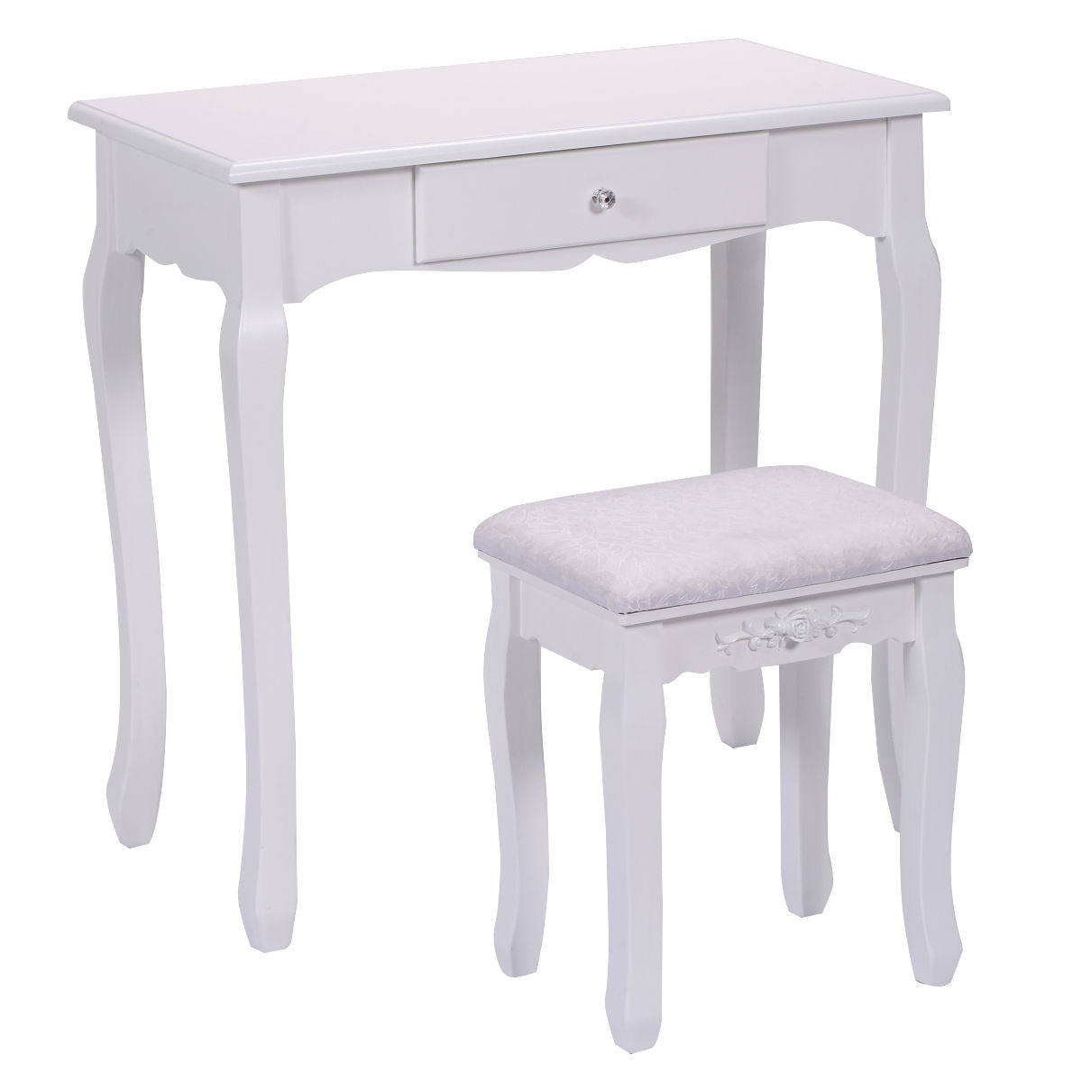 Vanity Table Set with Cushioned Stool with 360 Degree Rotating Oval Mirror and Three Drawers