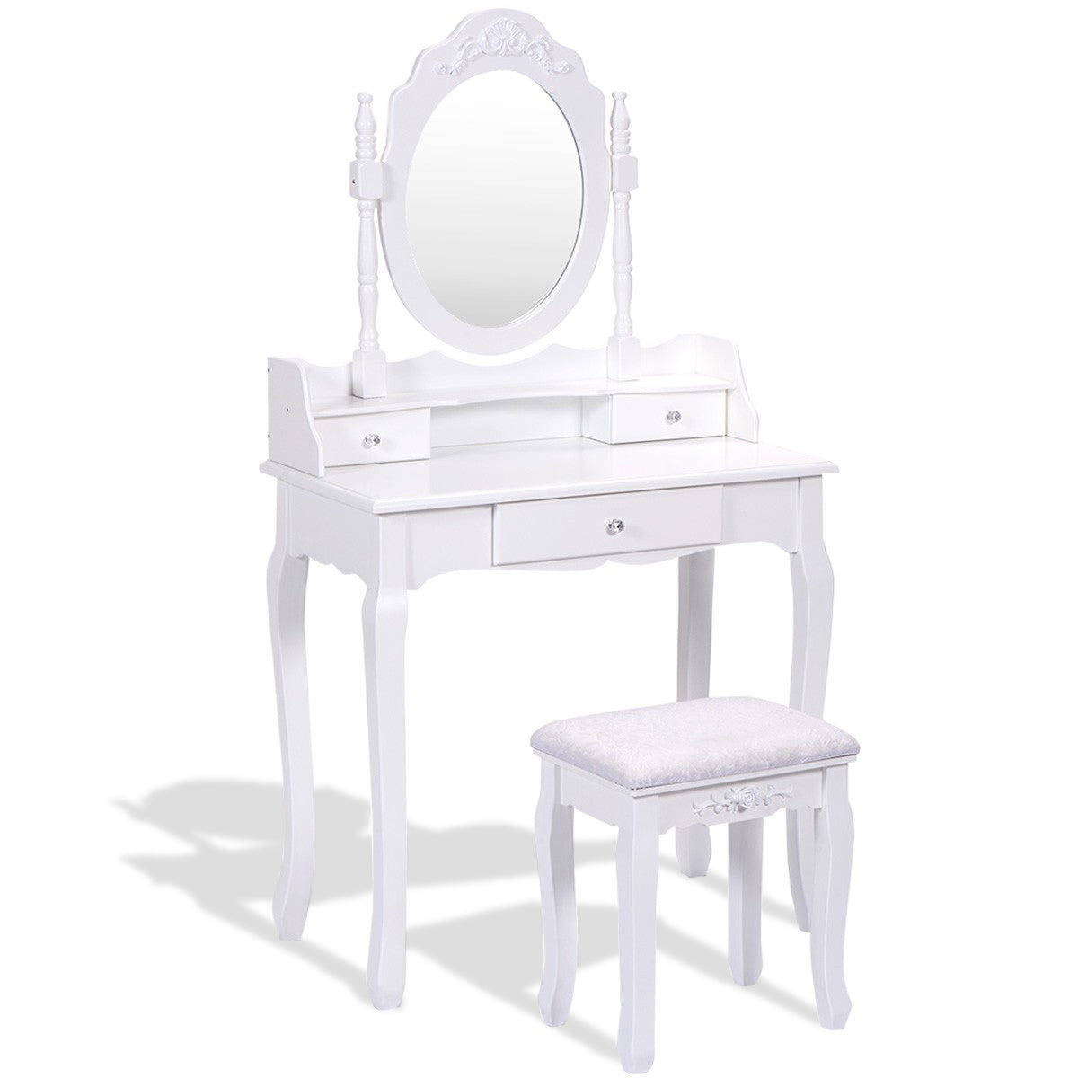 Vanity Table Set with Cushioned Stool with 360 Degree Rotating Oval Mirror and Three Drawers
