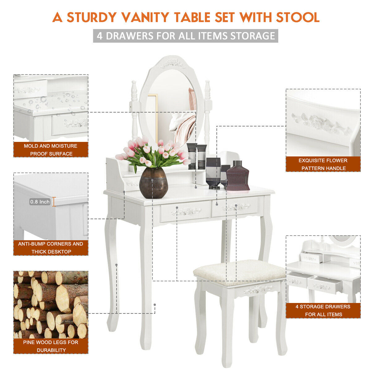 Wood Vanity Table Set with Oval Mirror and 4 Drawers for Kids Girls Women