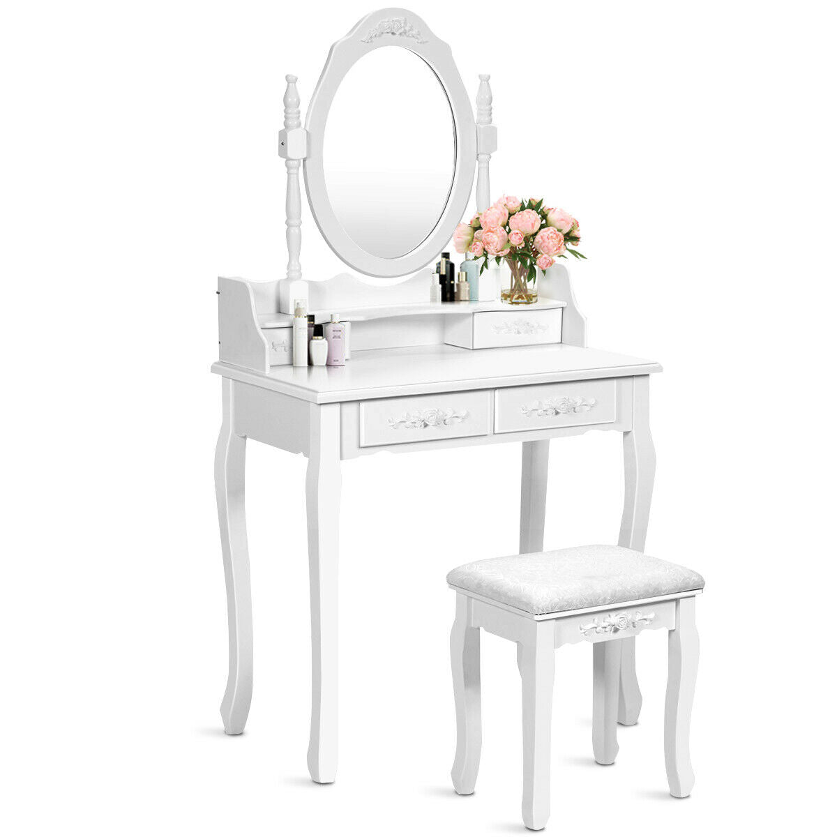 Wood Vanity Table Set with Oval Mirror and 4 Drawers for Kids Girls Women