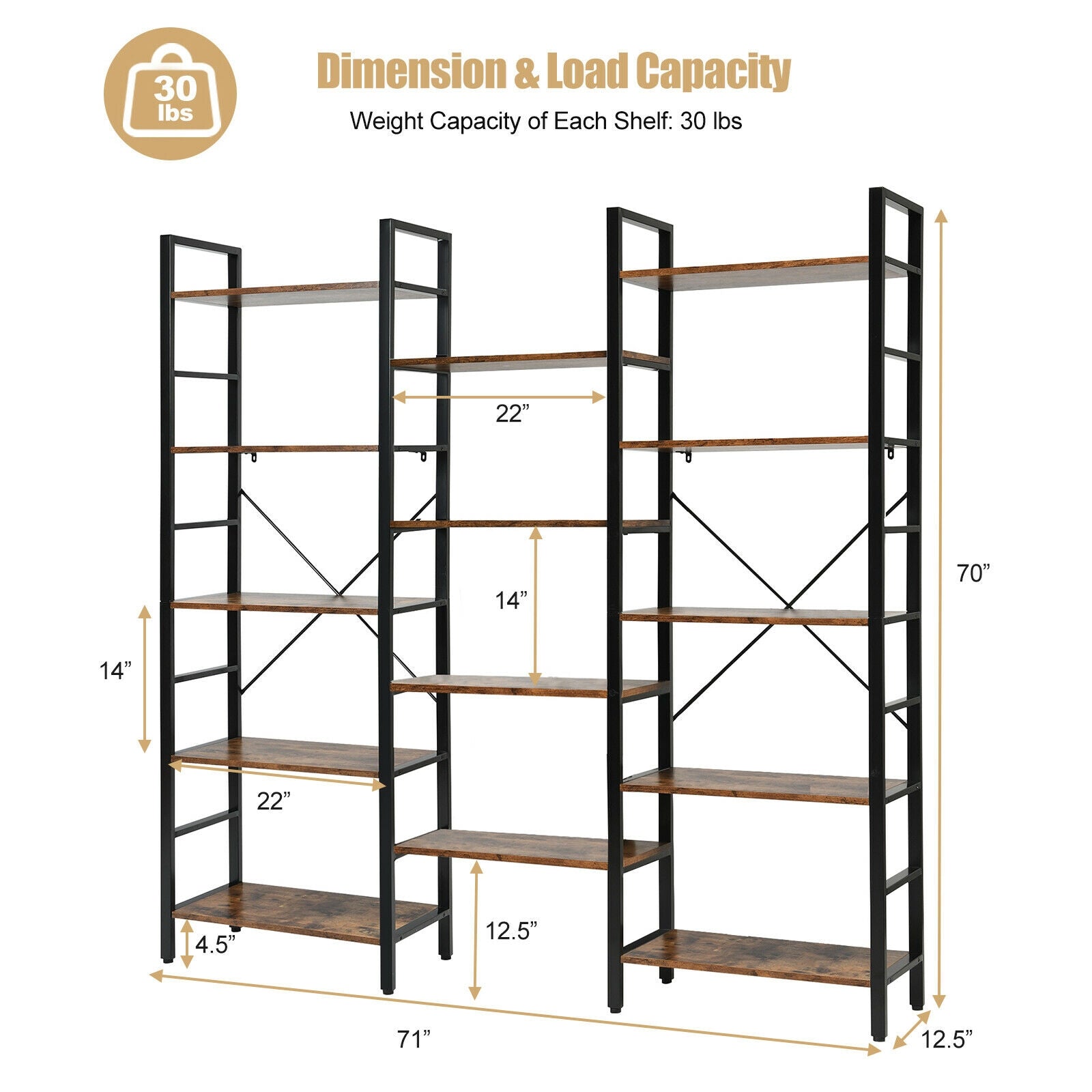 Vintage Industrial Style Triple Wide 5-Tier Bookcase with Metal Frame