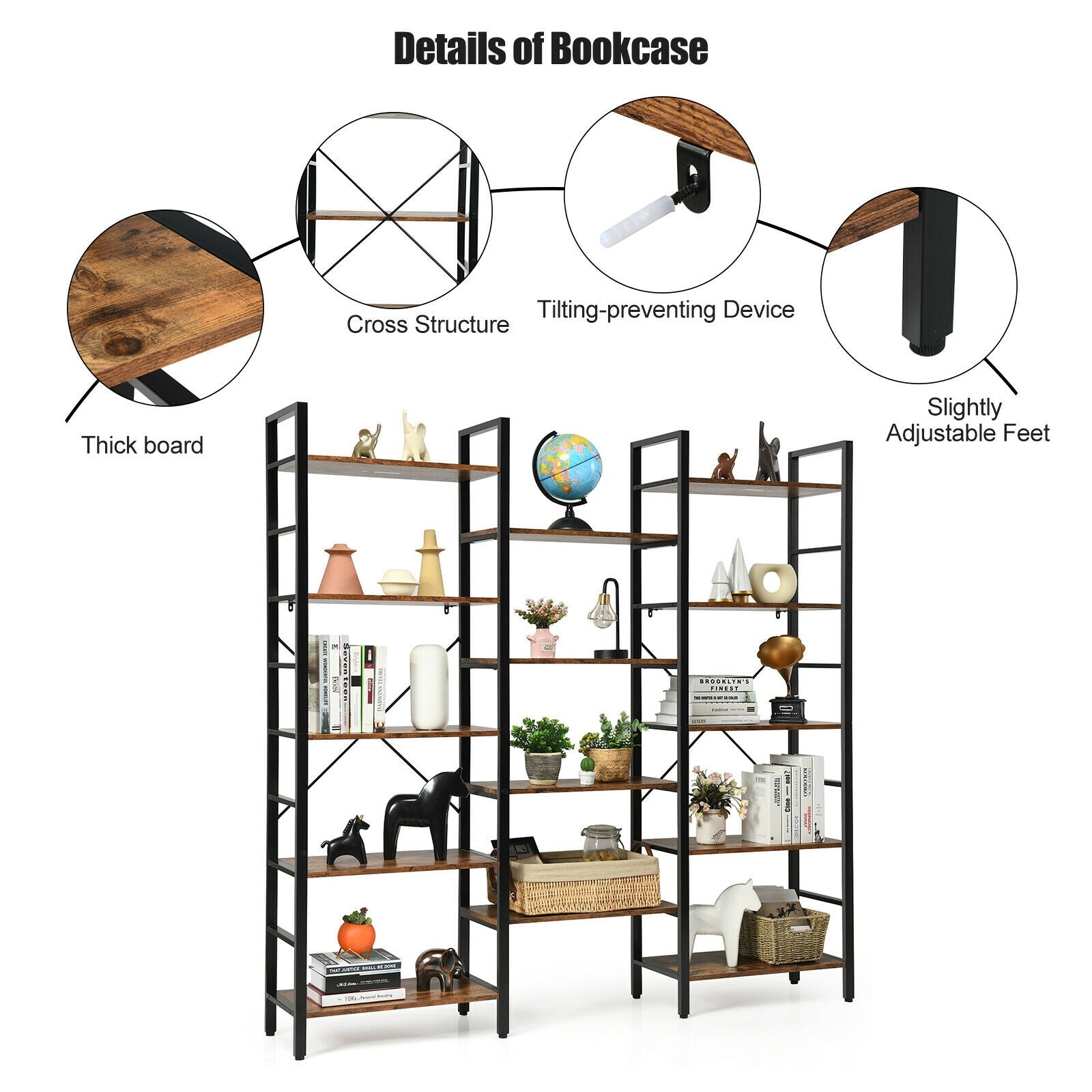 Vintage Industrial Style Triple Wide 5-Tier Bookcase with Metal Frame