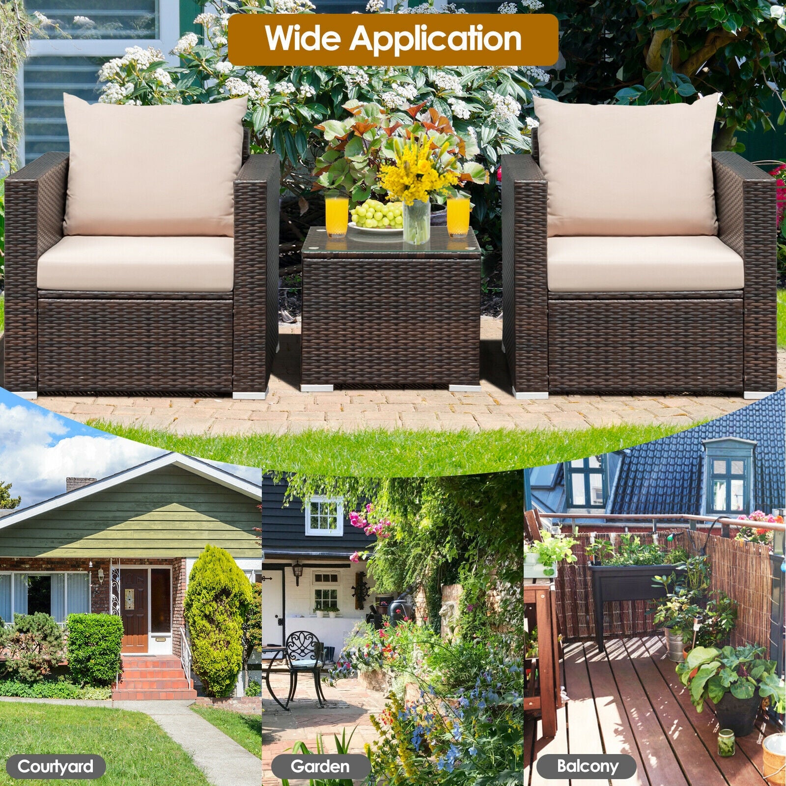 3 Pieces Patio Conversation Rattan Furniture Set with Cushion