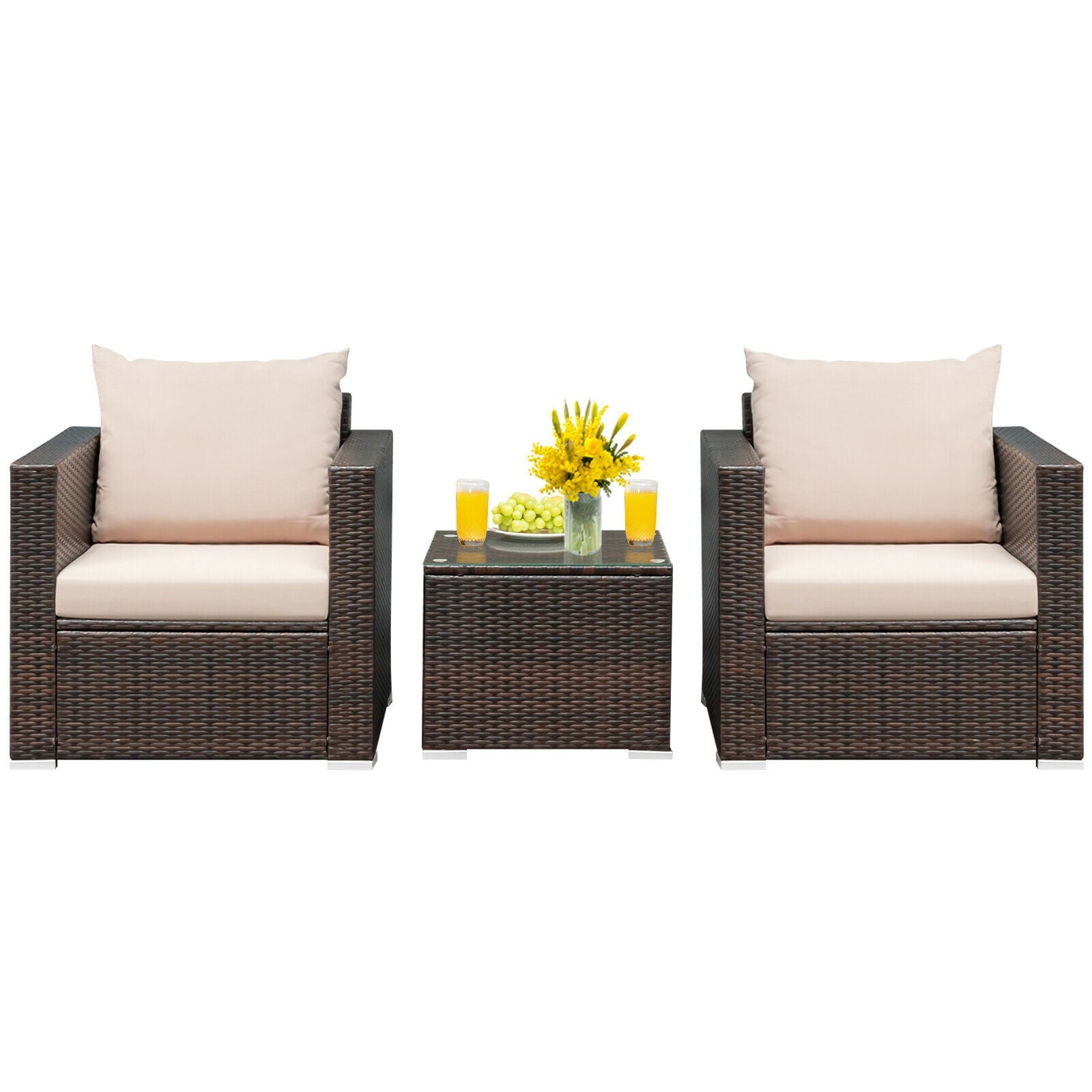 3 Pieces Patio Conversation Rattan Furniture Set with Cushion
