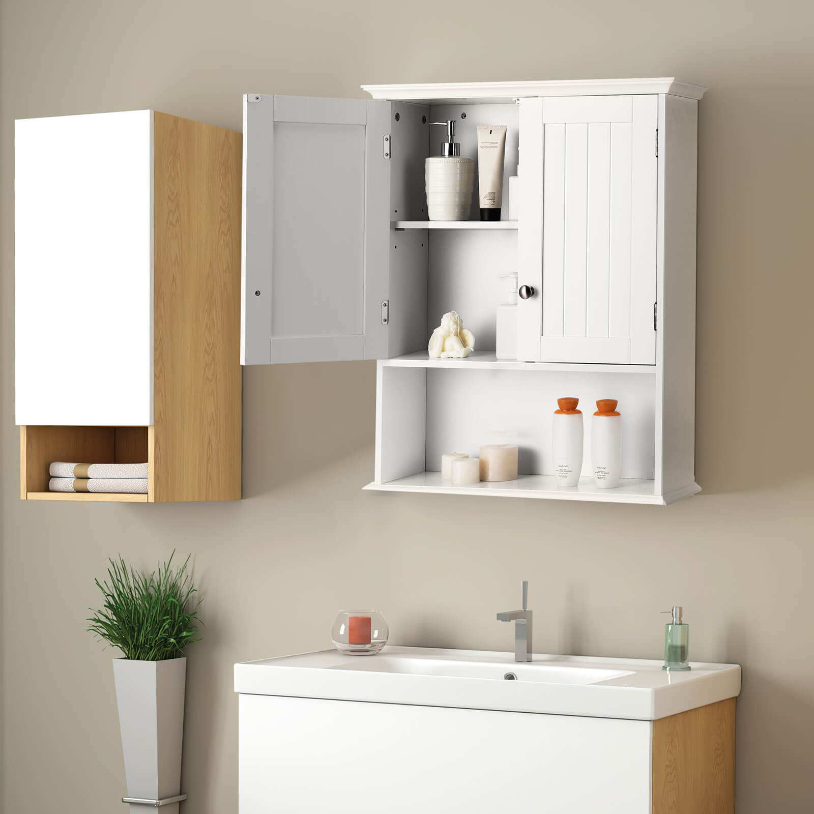 Wall Mount Bathroom Cabinet Storage Organizer with Doors and Shelves