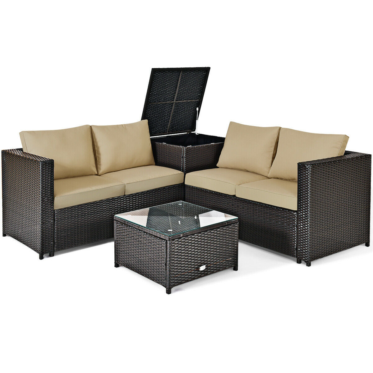 SUGIFT 4 Pieces Outdoor Patio Rattan Furniture Set with Loveseat and Storage Box