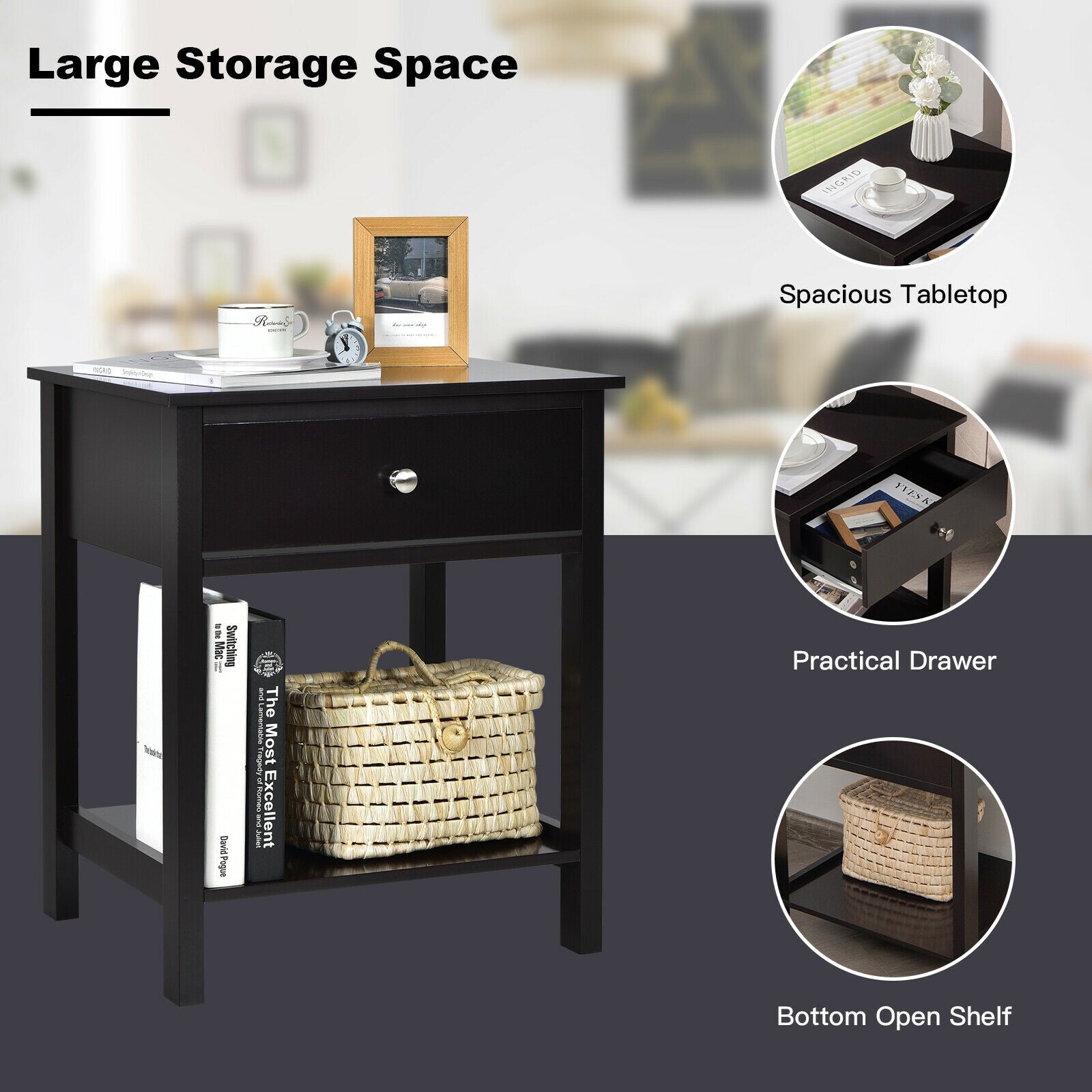 Wooden Storage Shelf with Drawer for Bedroom and Living Room