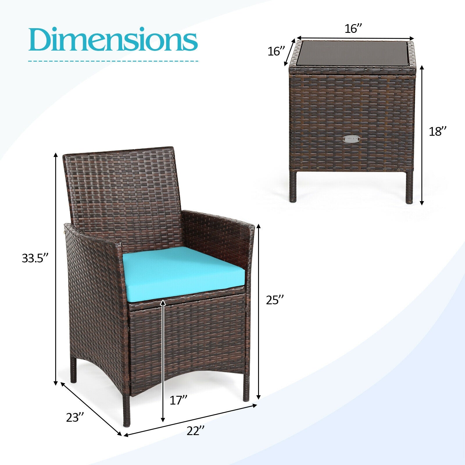SUGIFT 3 Pieces Patio Cushioned Rattan Converstaion Set With Glass Table Top