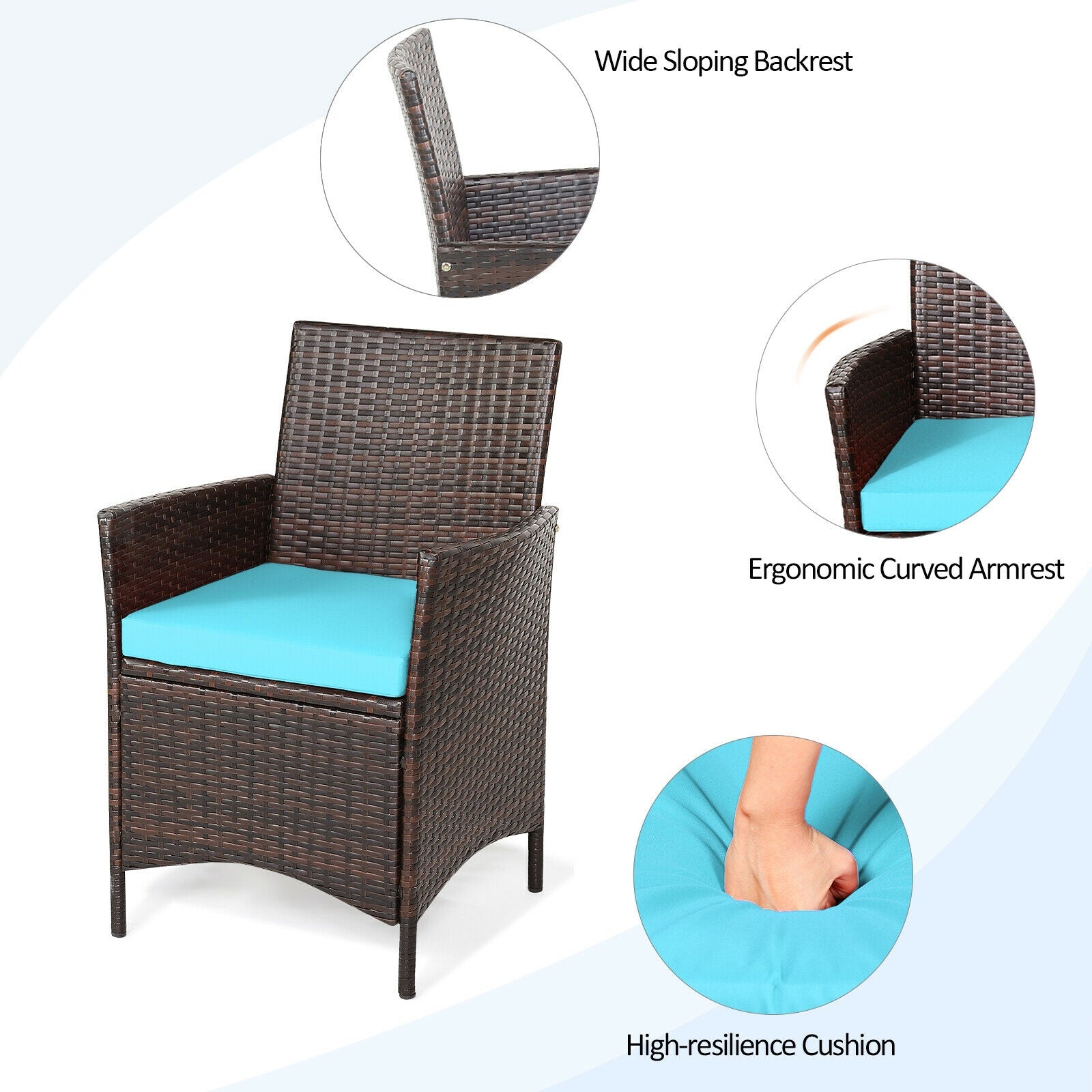 SUGIFT 3 Pieces Patio Cushioned Rattan Converstaion Set With Glass Table Top
