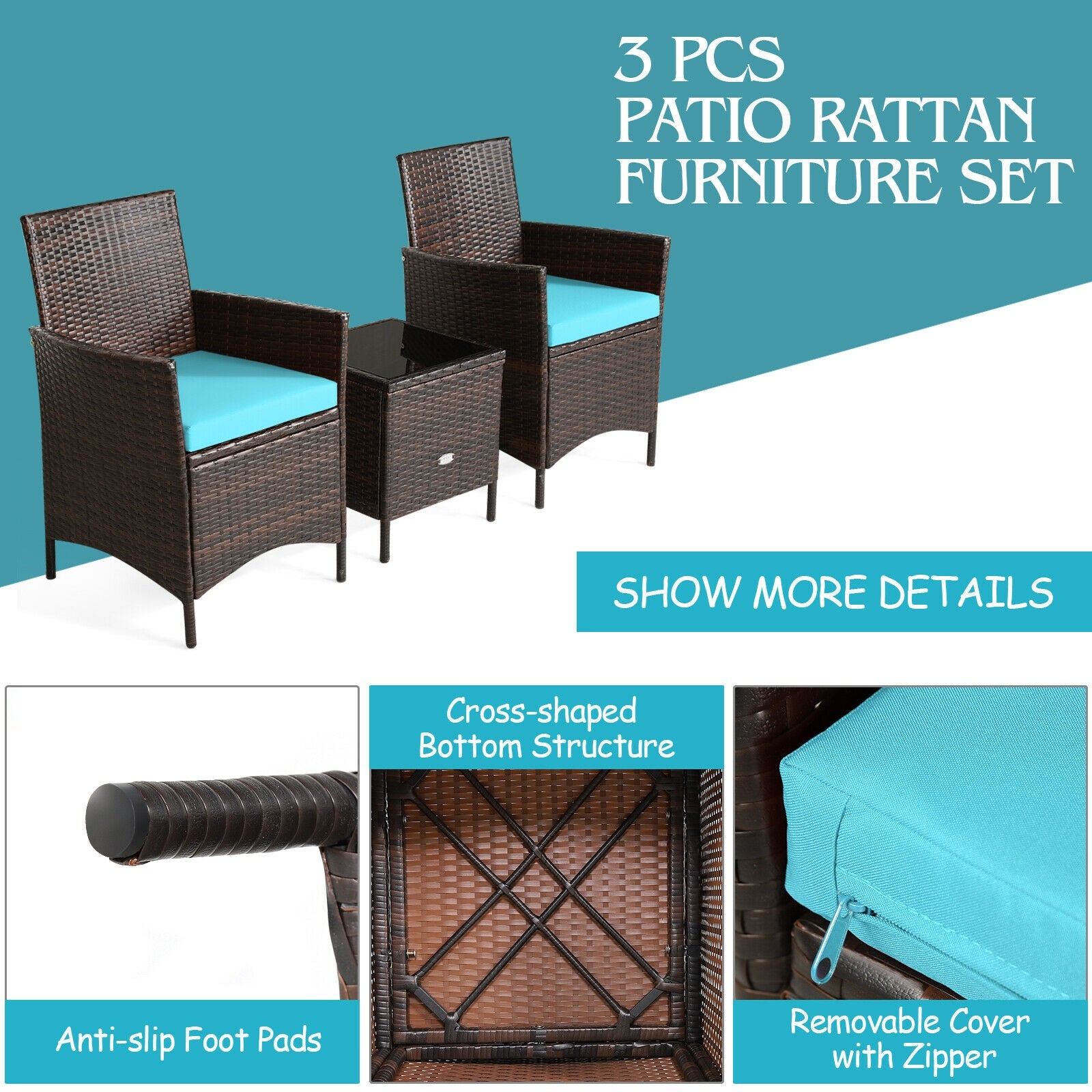 SUGIFT 3 Pieces Patio Cushioned Rattan Converstaion Set With Glass Table Top