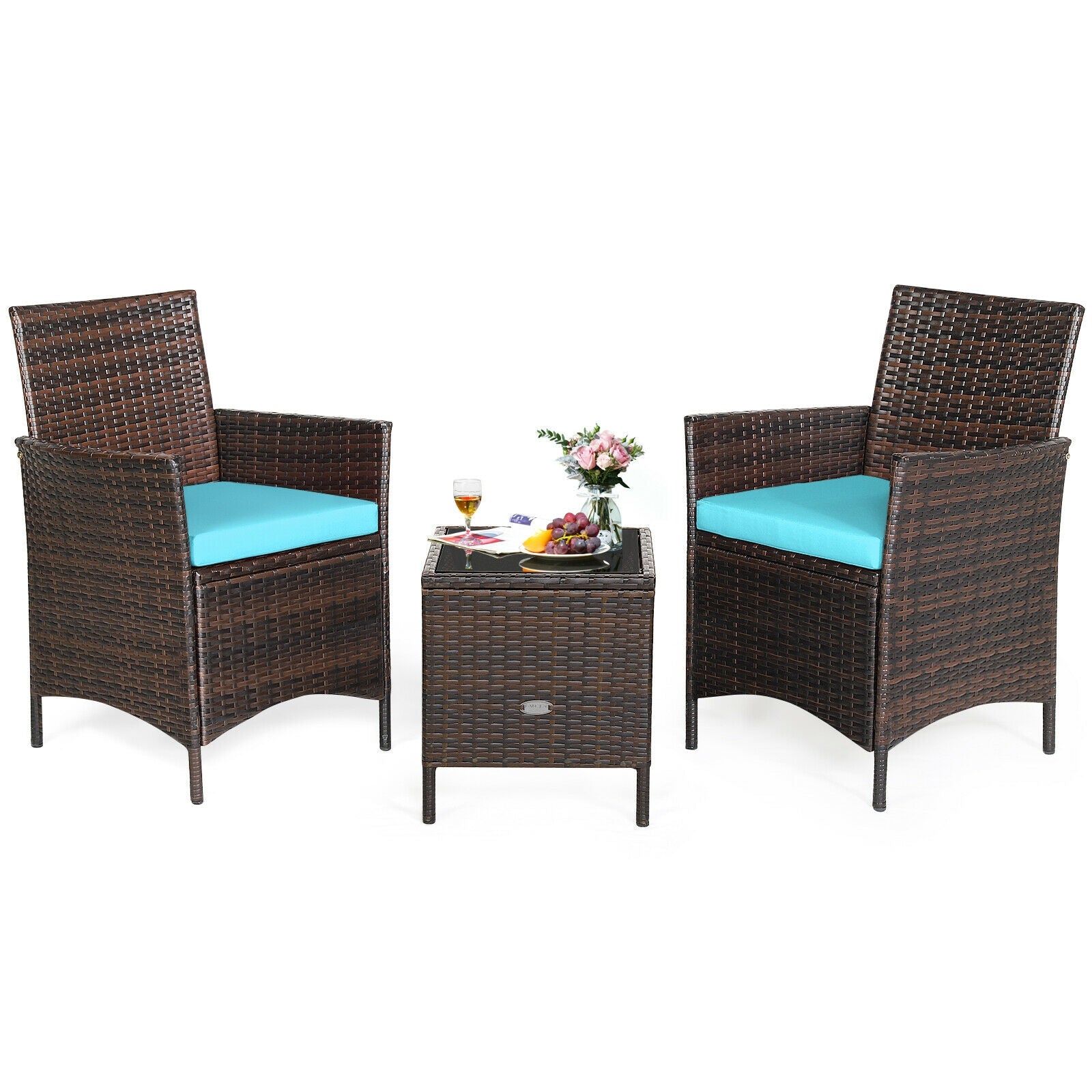 SUGIFT 3 Pieces Patio Cushioned Rattan Converstaion Set With Glass Table Top
