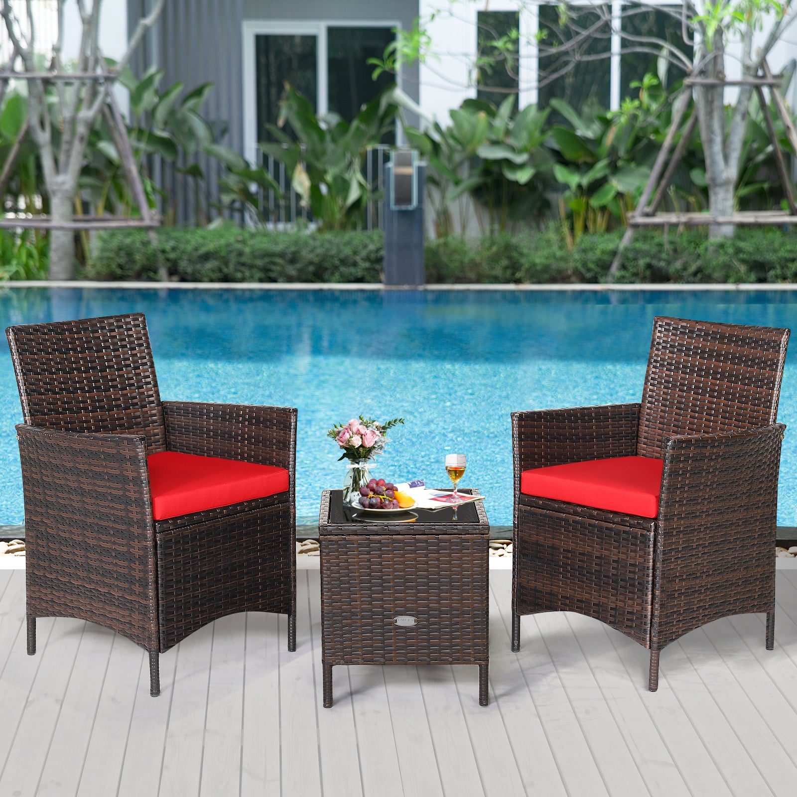 3 Pieces Patio Cushioned Rattan Converstaion Set With Glass Table Top