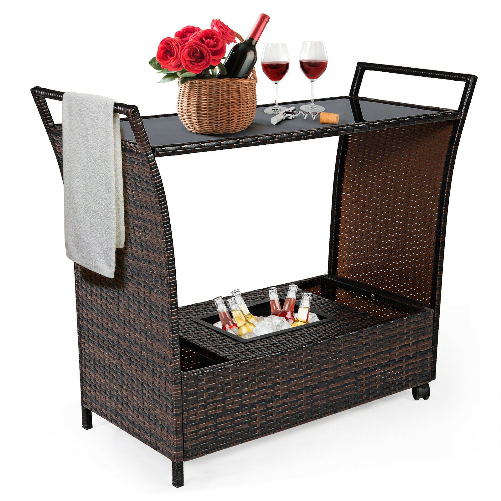 SUGIFT Patio Rattan Bar Serving Cart with Glass Top and Handle