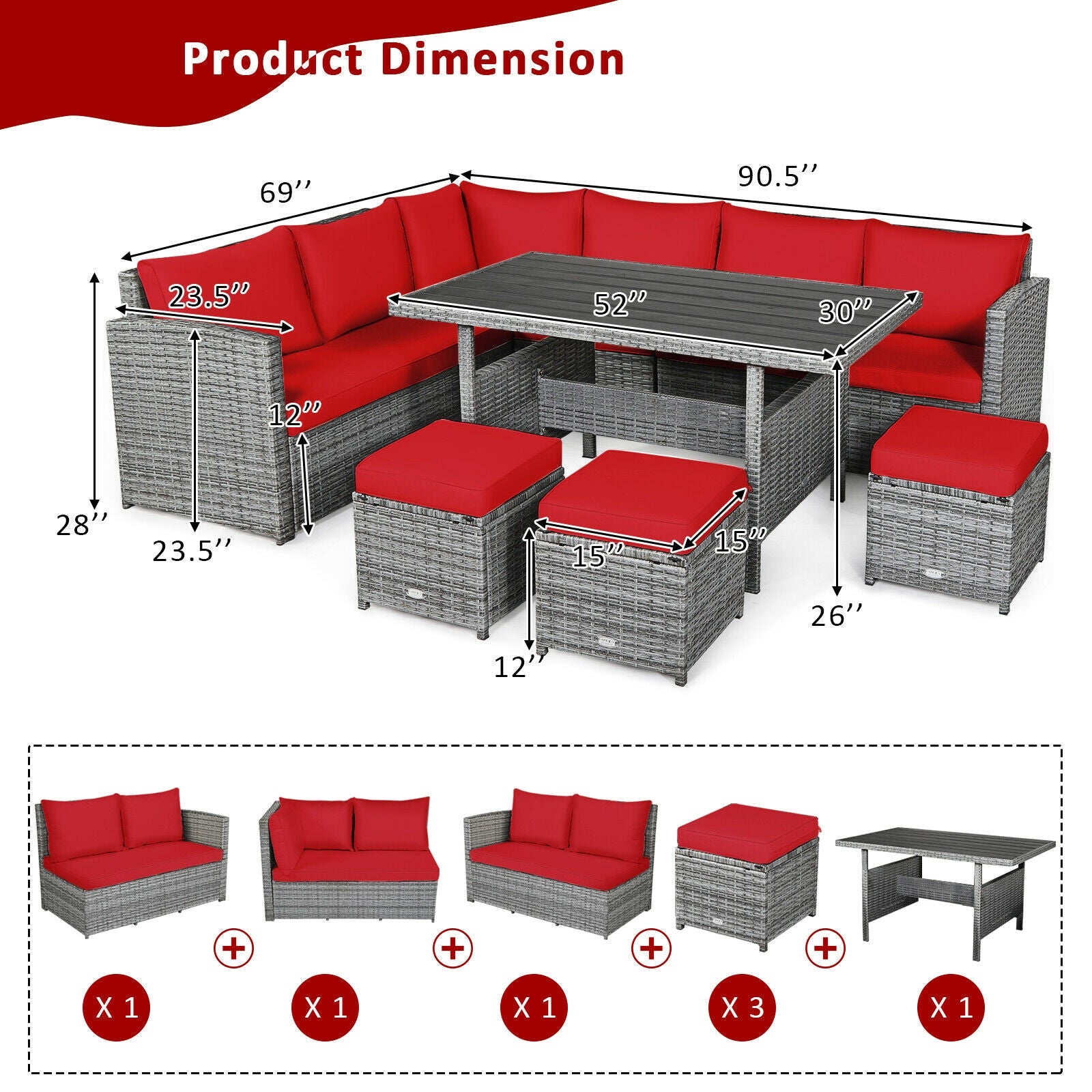 SUGIFT 7 Pieces Outdoor Wicker Sectional Sofa Set with Dining Table