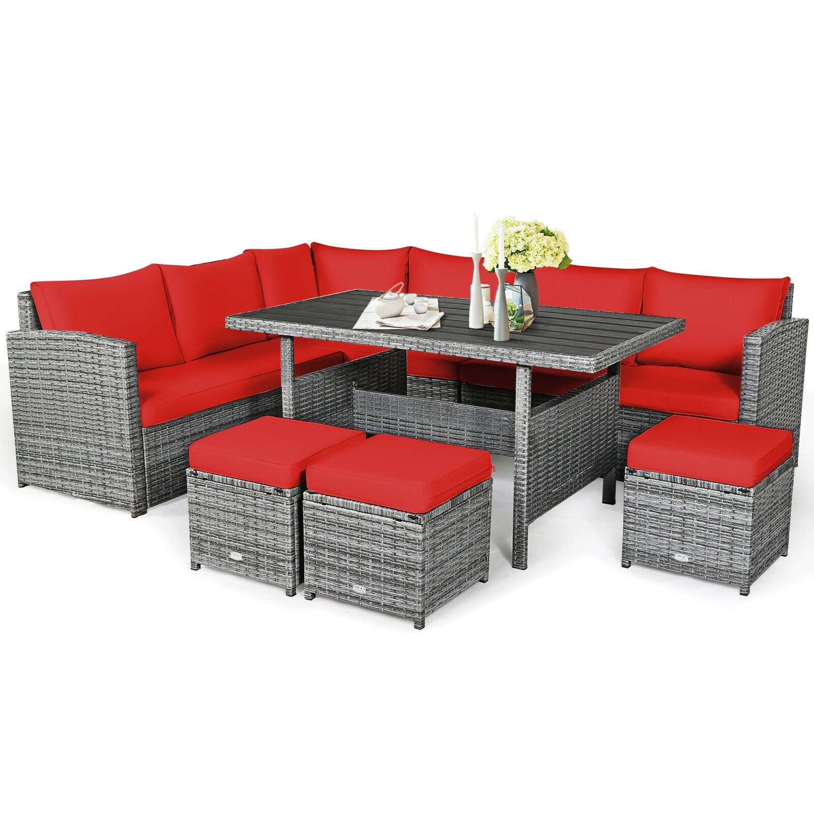 SUGIFT 7 Pieces Outdoor Wicker Sectional Sofa Set with Dining Table
