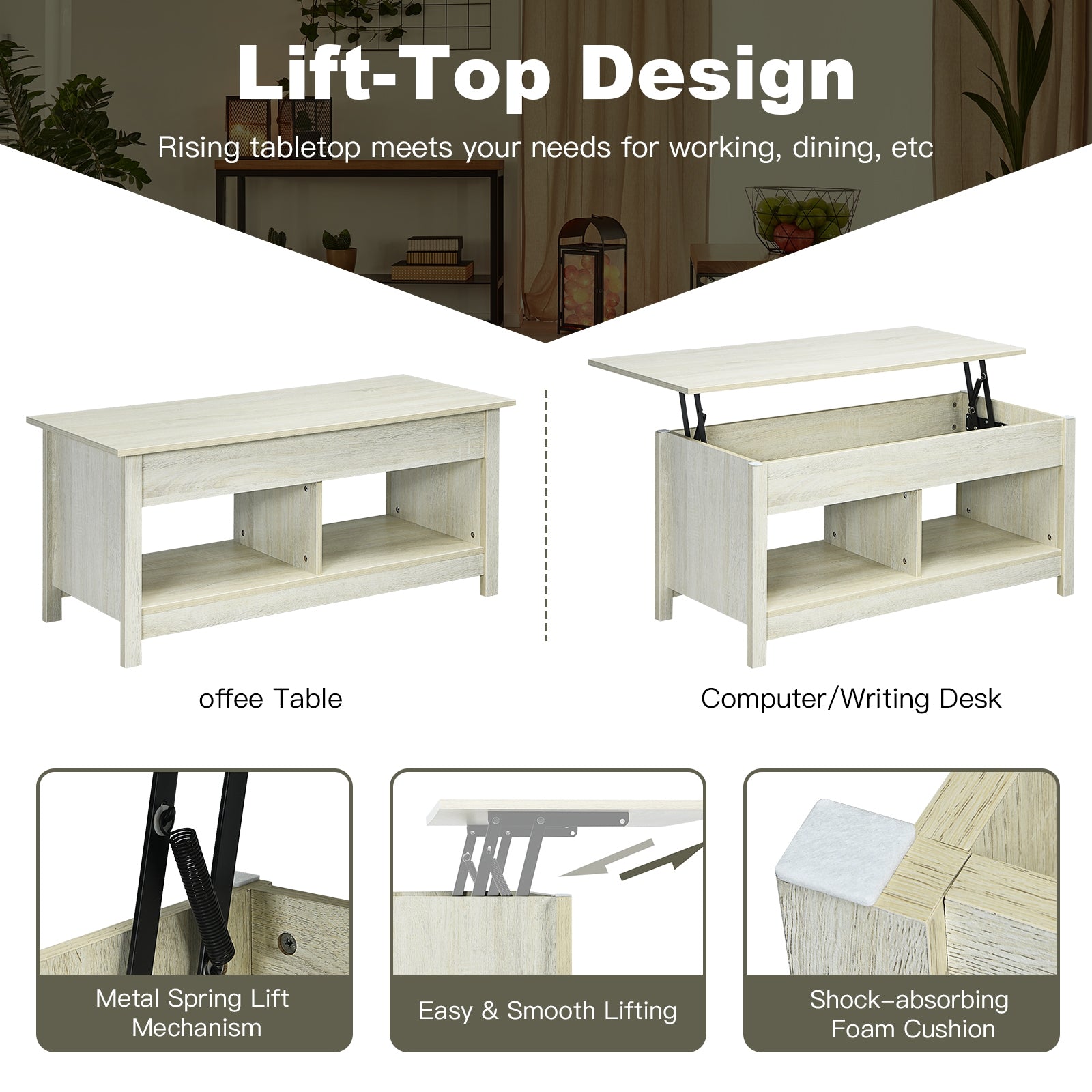 Lift Top Coffee Table with Hidden Storage Compartment and Lower Shelf for Study Room