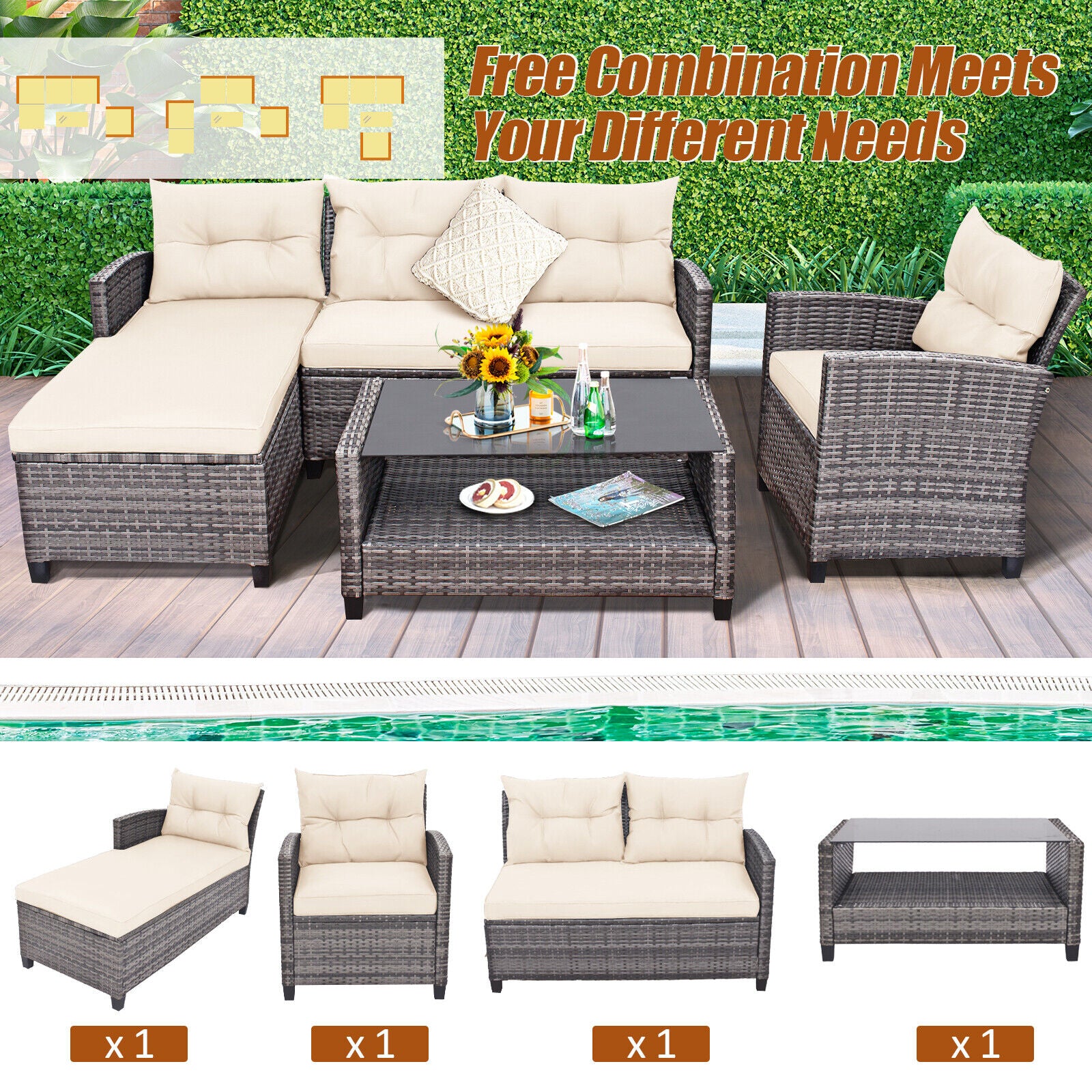 SUGIFT 4 Pieces Patio Rattan Furniture Set with Cushion and Table Shelf