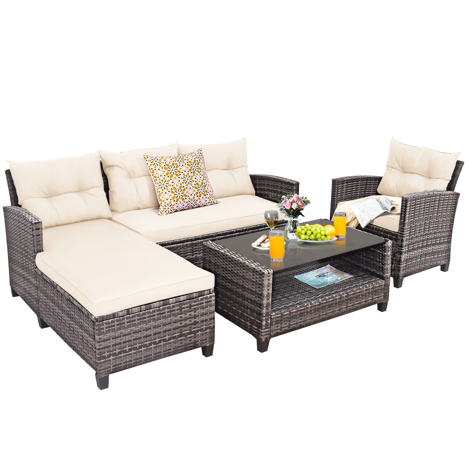 SUGIFT 4 Pieces Patio Rattan Furniture Set with Cushion and Table Shelf