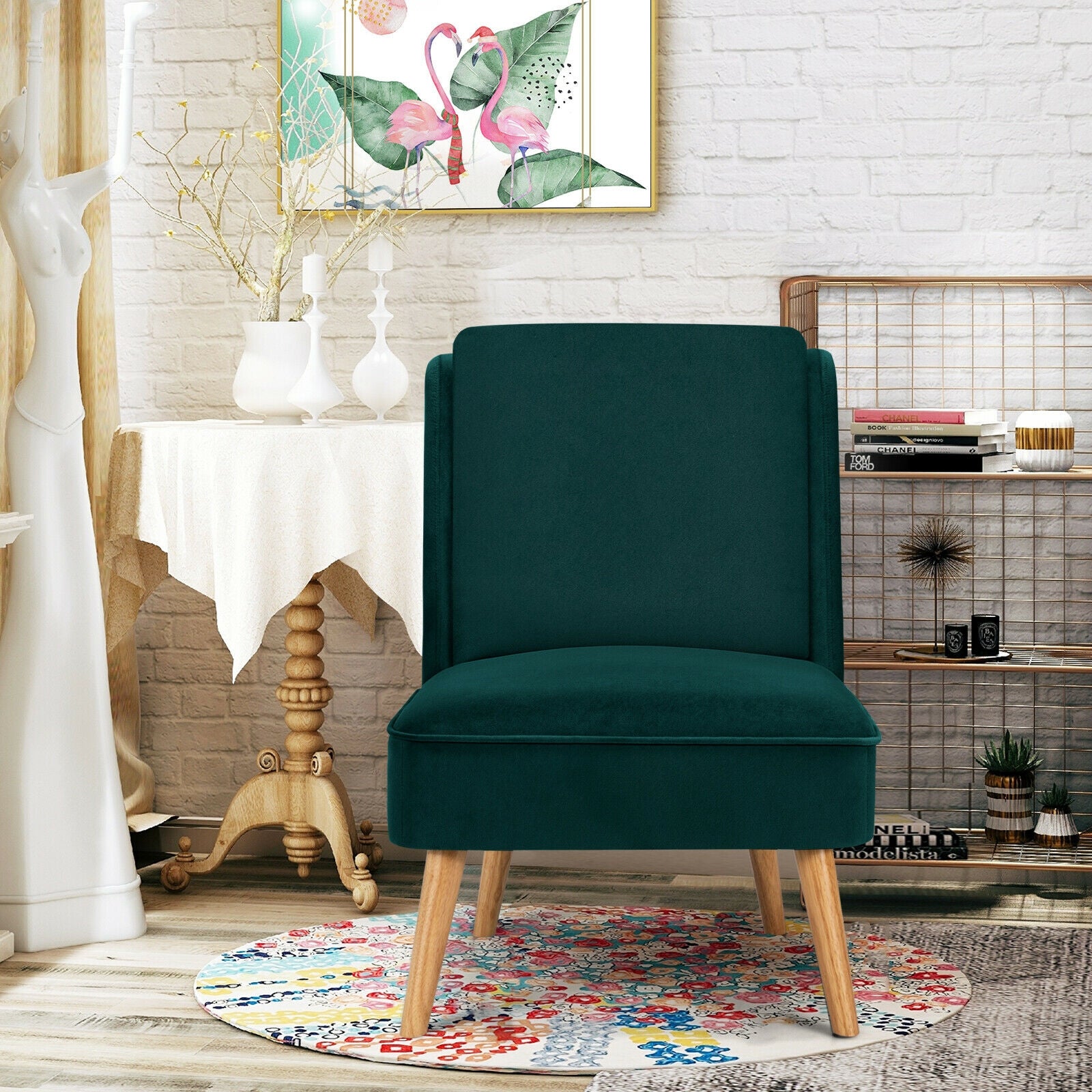 SUGIFT Velvet Accent Armless Side Chair with Rubber Wood Legs for Bedroom