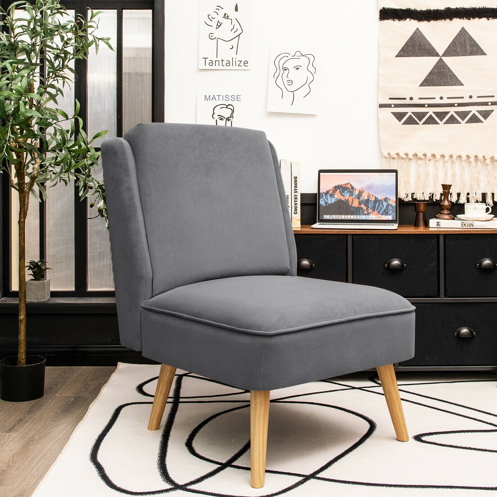 Velvet Accent Armless Side Chair with Rubber Wood Legs for Bedroom-Grey