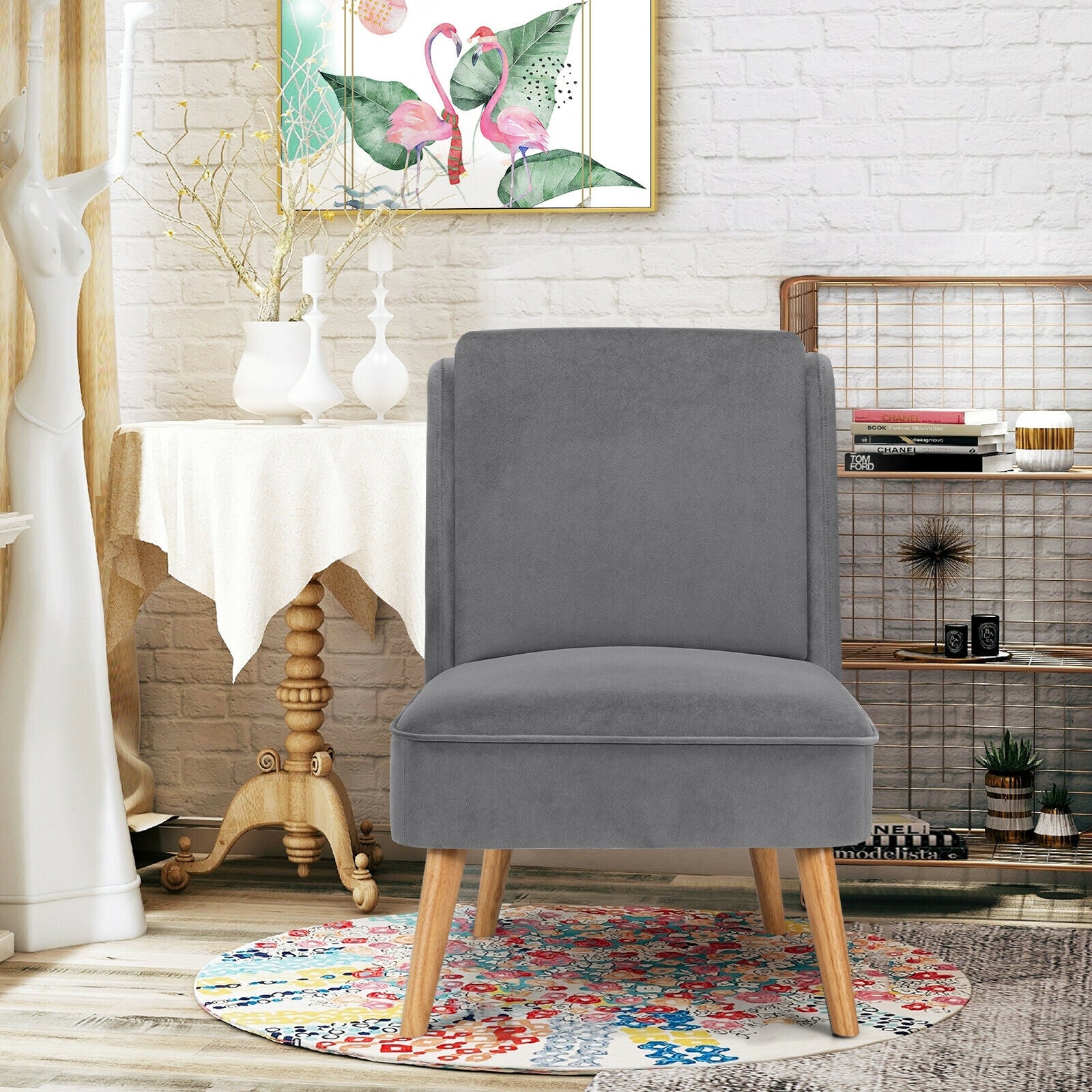 Velvet Accent Armless Side Chair with Rubber Wood Legs for Bedroom-Grey