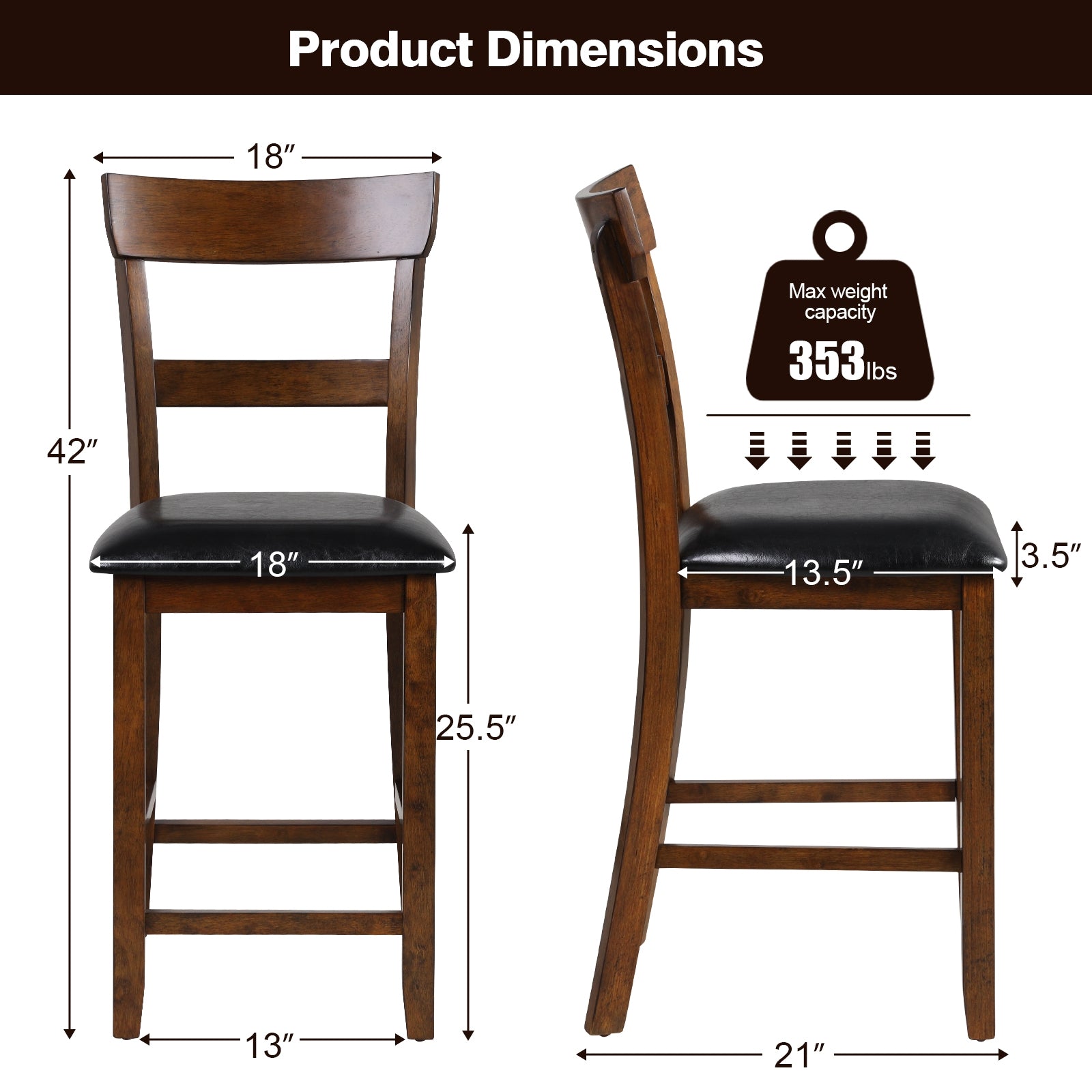SUGIFT 2 Pieces Counter Height Chair Set with Leather Seat and Rubber Wood Legs