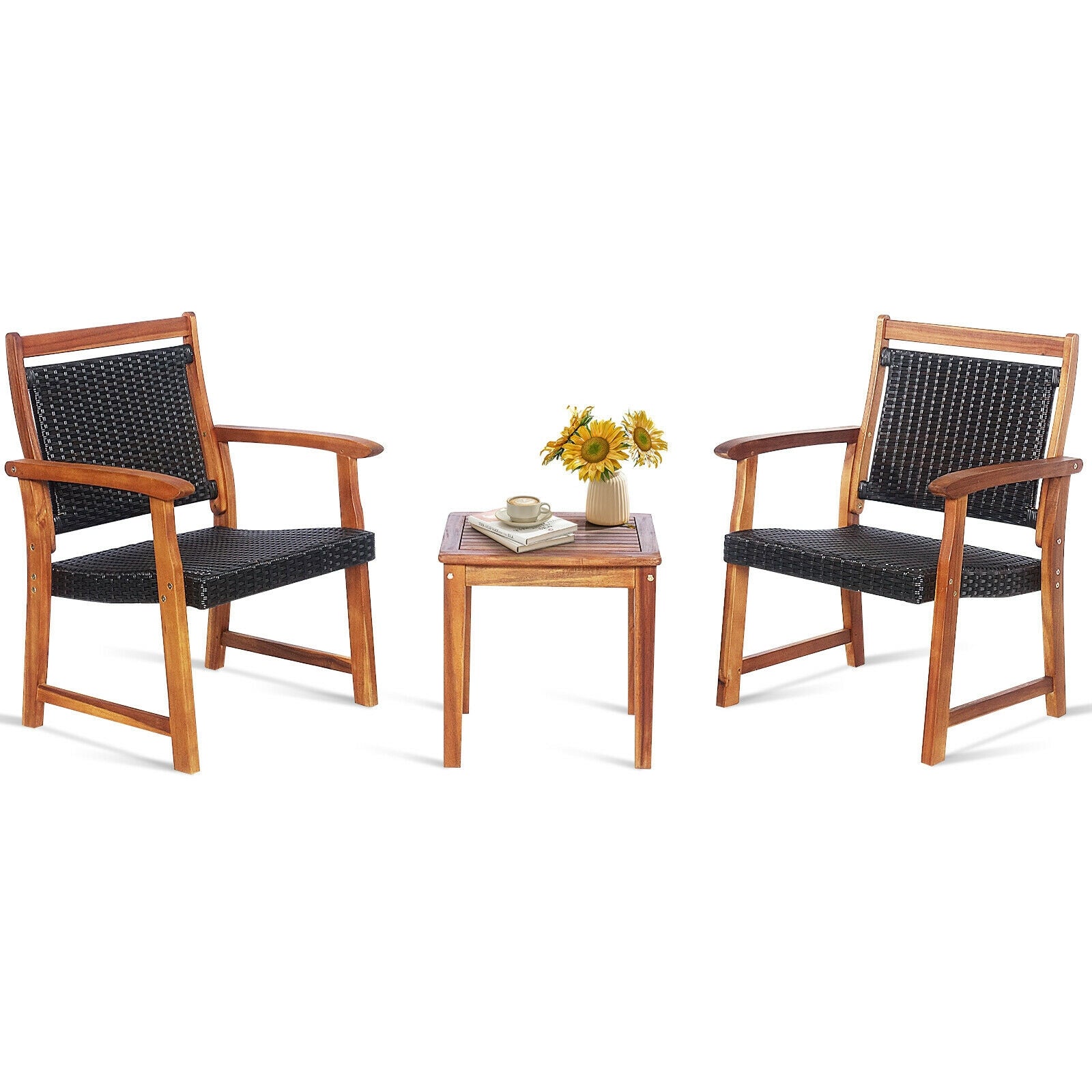 SUGIFT 3 Pieces Rattan Bistro Set with Acacia Wood Frame for Garden