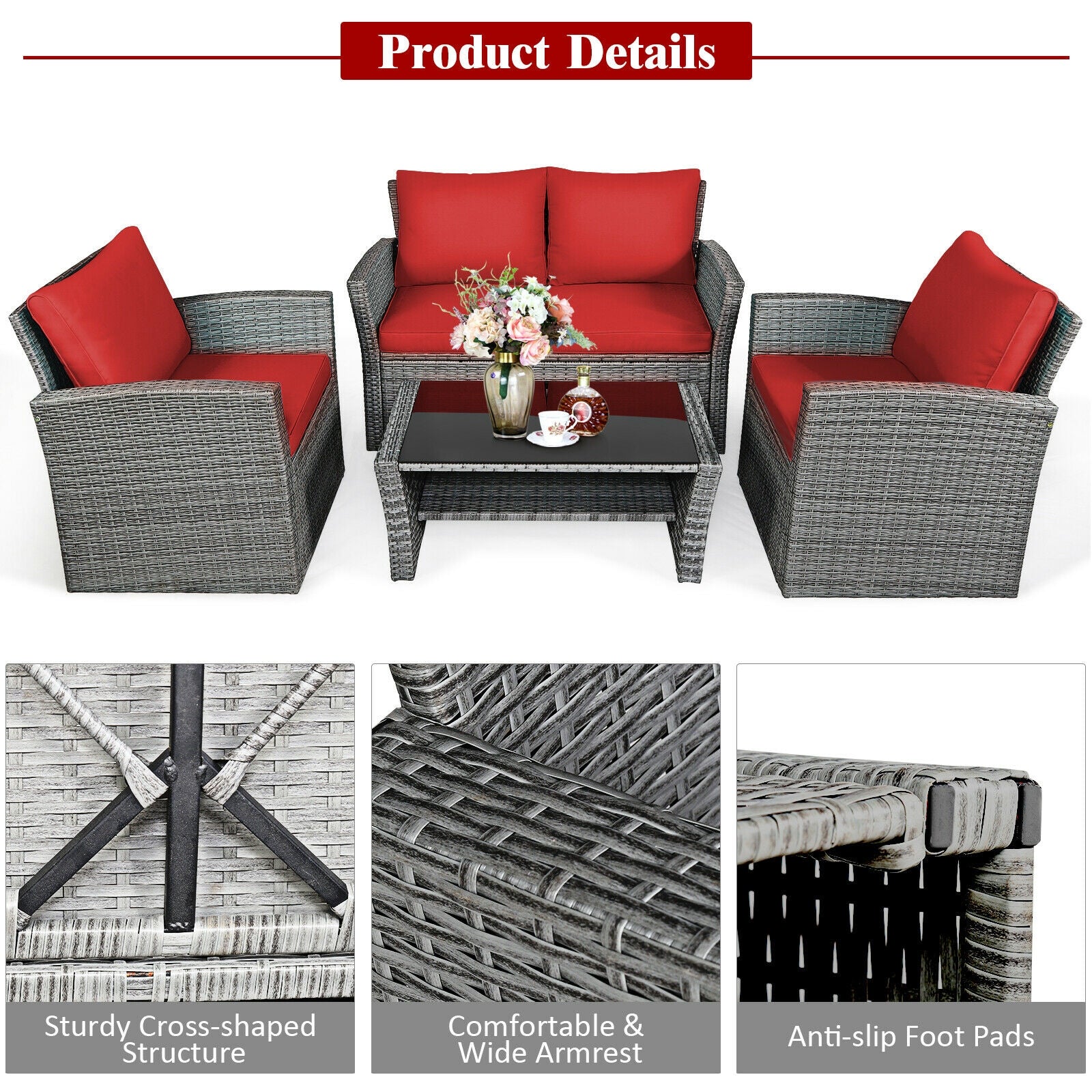 SUGIFT 4 Pieces Patio Rattan Furniture Set Sofa Table with Storage Shelf Cushion