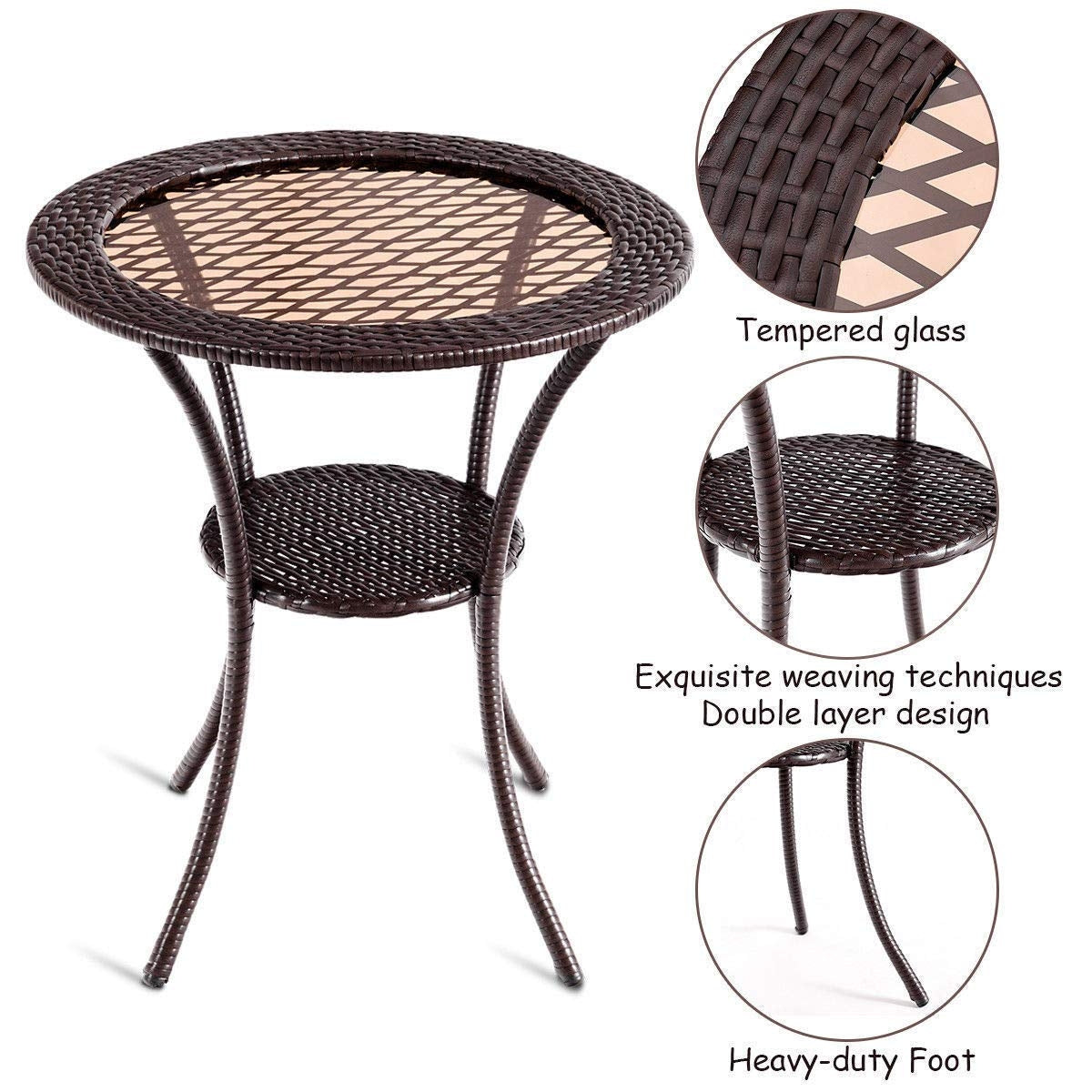 SUGIFT Round Rattan Wicker Coffee Table with Lower Shelf