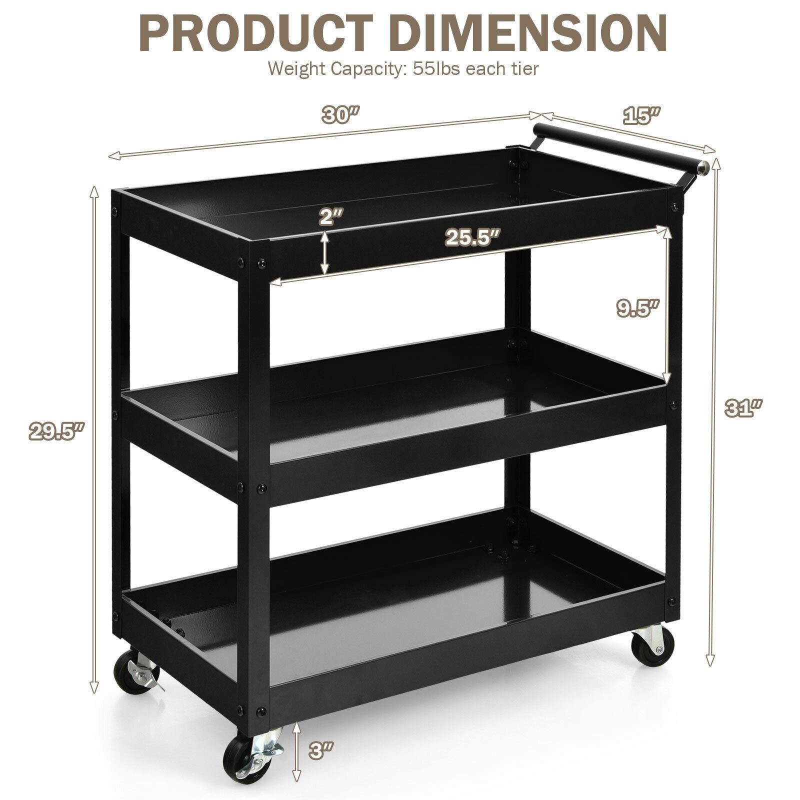 SUGIFT? 3-Tier Utility Cart with Steel Frame and Four Wheels