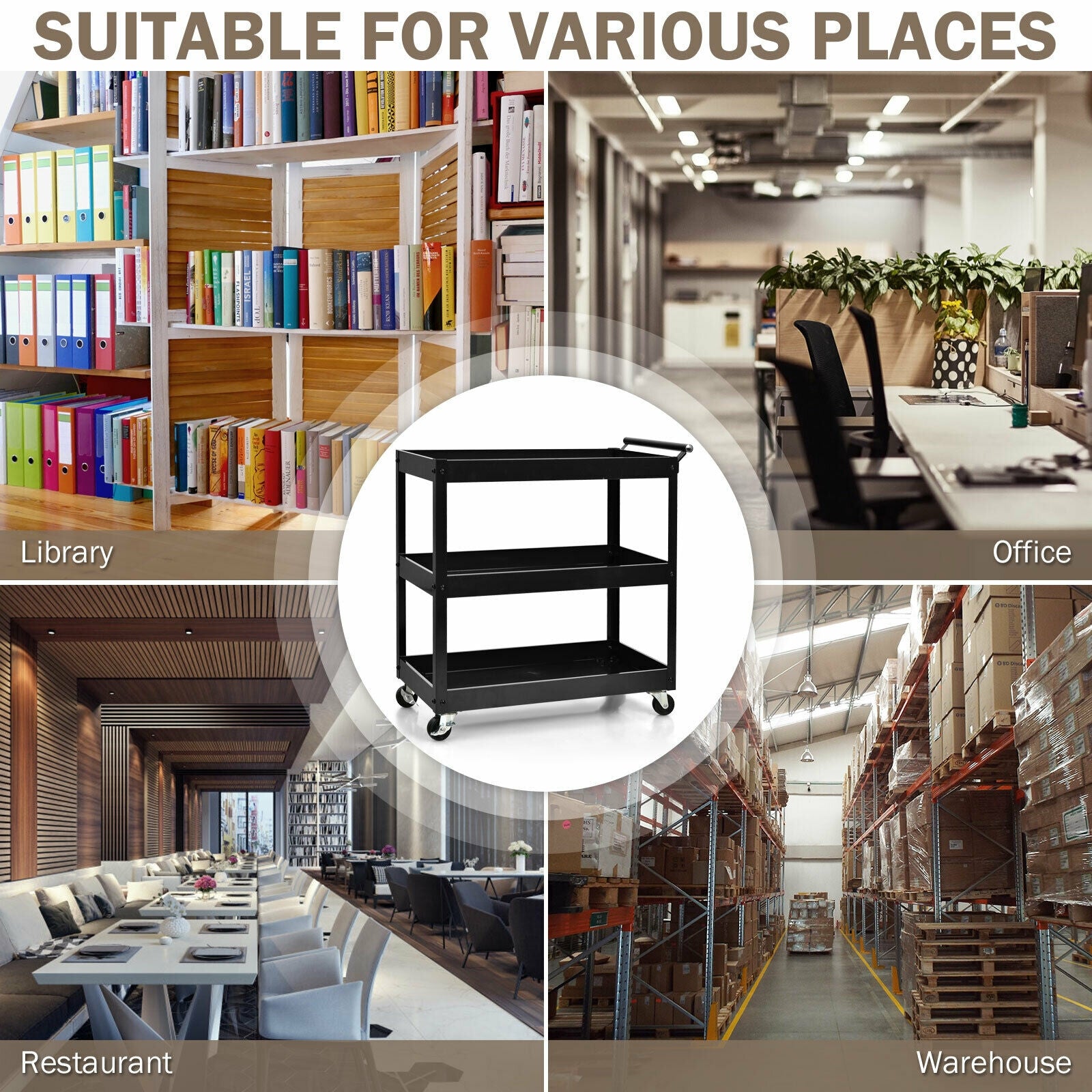 SUGIFT? 3-Tier Utility Cart with Steel Frame and Four Wheels