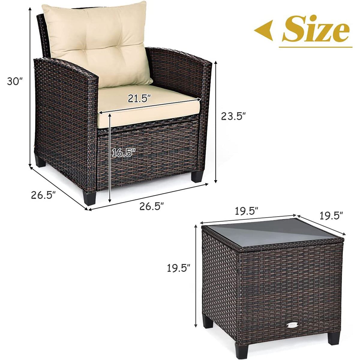 SUGIFT 3 Pieces Rattan Patio Furniture Set with Washable Cushion