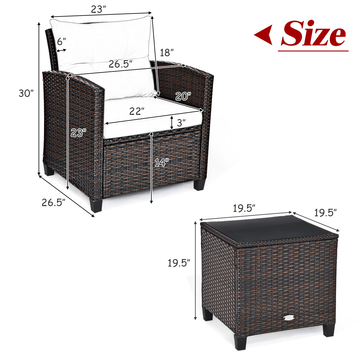 SUGIFT 3 Pieces Rattan Patio Furniture Set with Washable Cushion