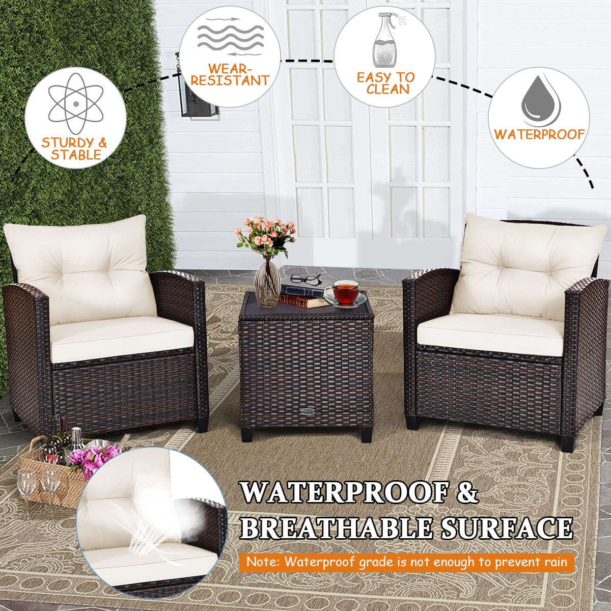 SUGIFT 3 Pieces Rattan Patio Furniture Set with Washable Cushion