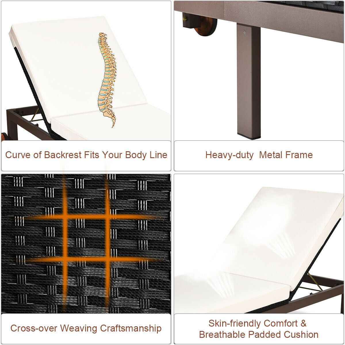 SUGIFT Outdoor Wicker Patio Chaise Lounge Recliner Chair with 5-Position Adjustment and Wheels