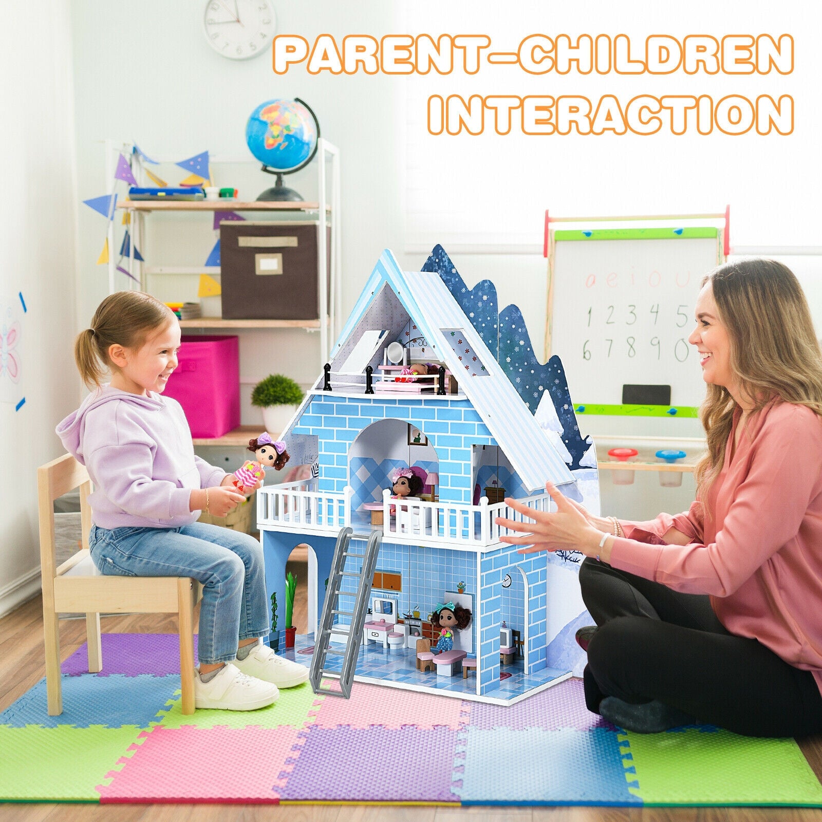 SUGIFT Wooden Dollhouse 3-Story Pretend Playset with Furniture and Doll Gift for Age 3+ Year