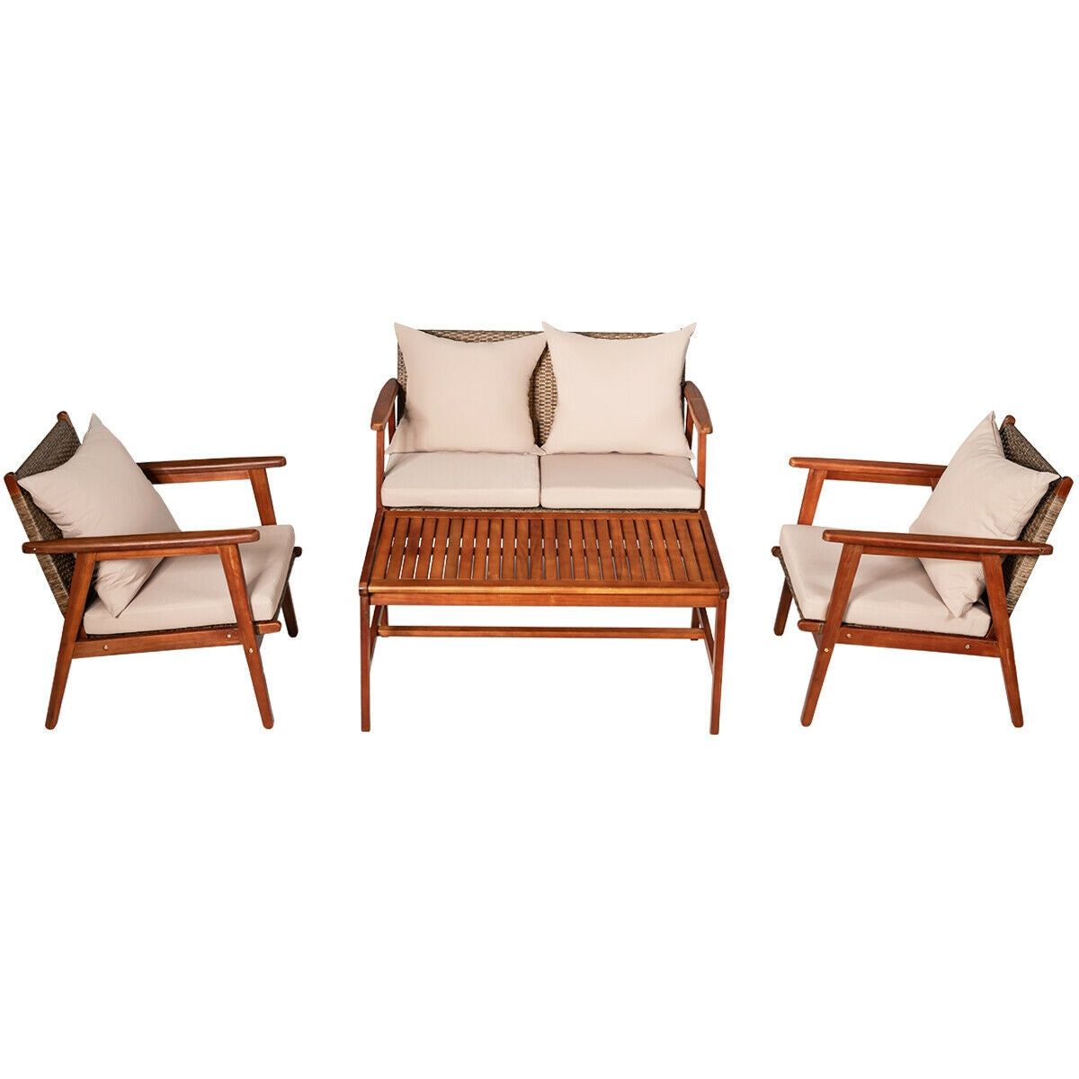 SUGIFT 4 Pieces Acacia Wood Patio Rattan Furniture Set with Cushions