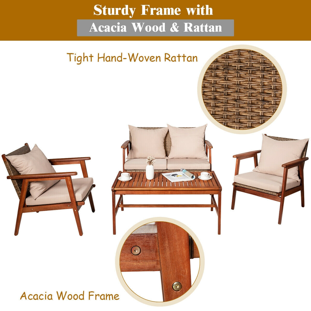 SUGIFT 4 Pieces Acacia Wood Patio Rattan Furniture Set with Cushions