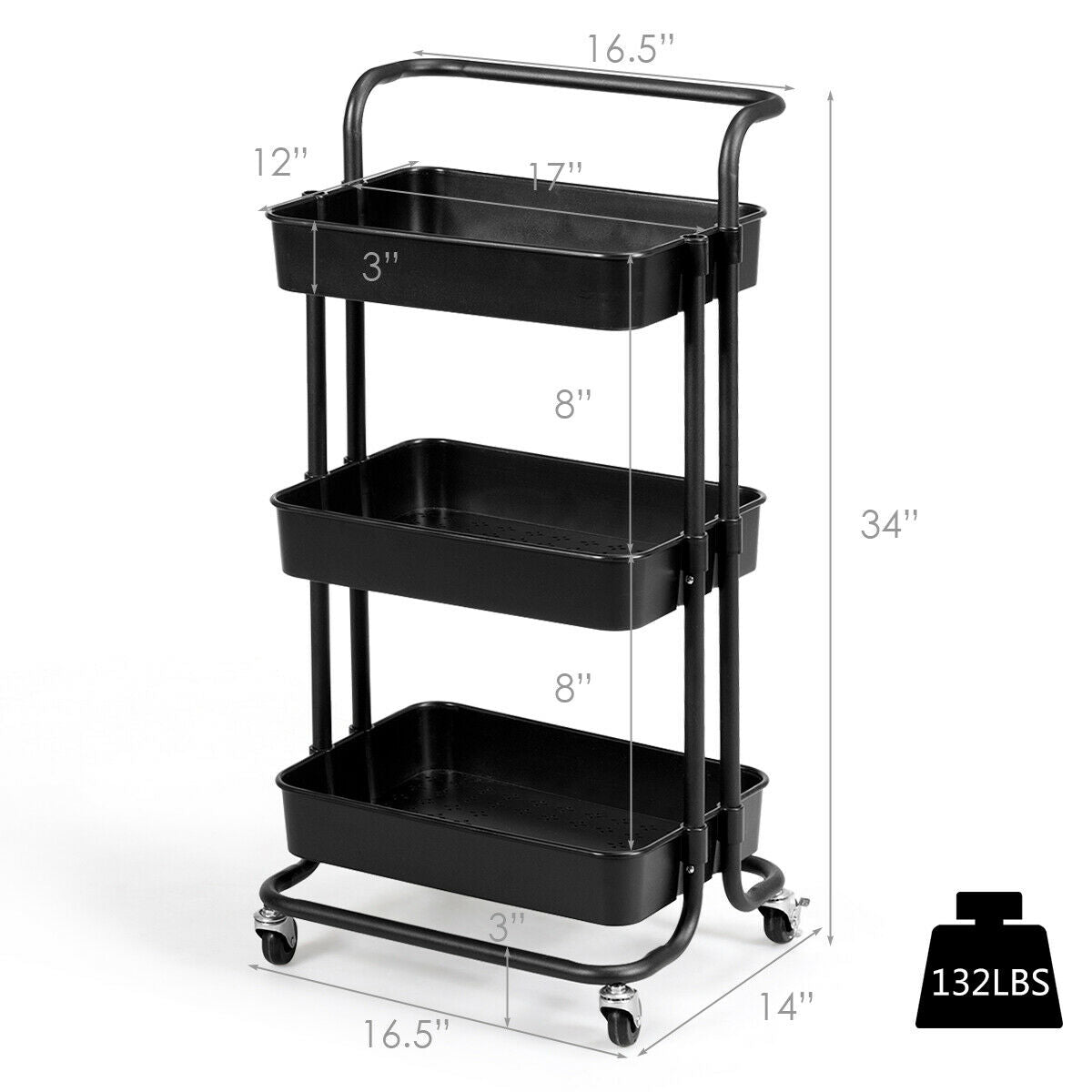 SUGIFT 3-Tier Utility Cart Storage Rolling Cart with Casters