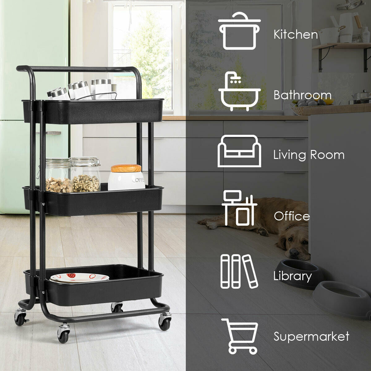 SUGIFT 3-Tier Utility Cart Storage Rolling Cart with Casters