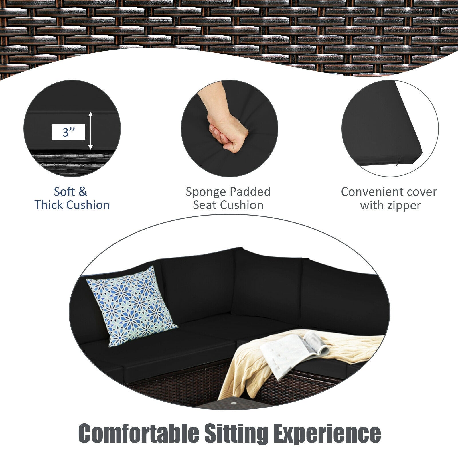 SUGIFT 6 Pieces Rattan Patio Sectional Sofa Set with Cushions for 4-5 Person