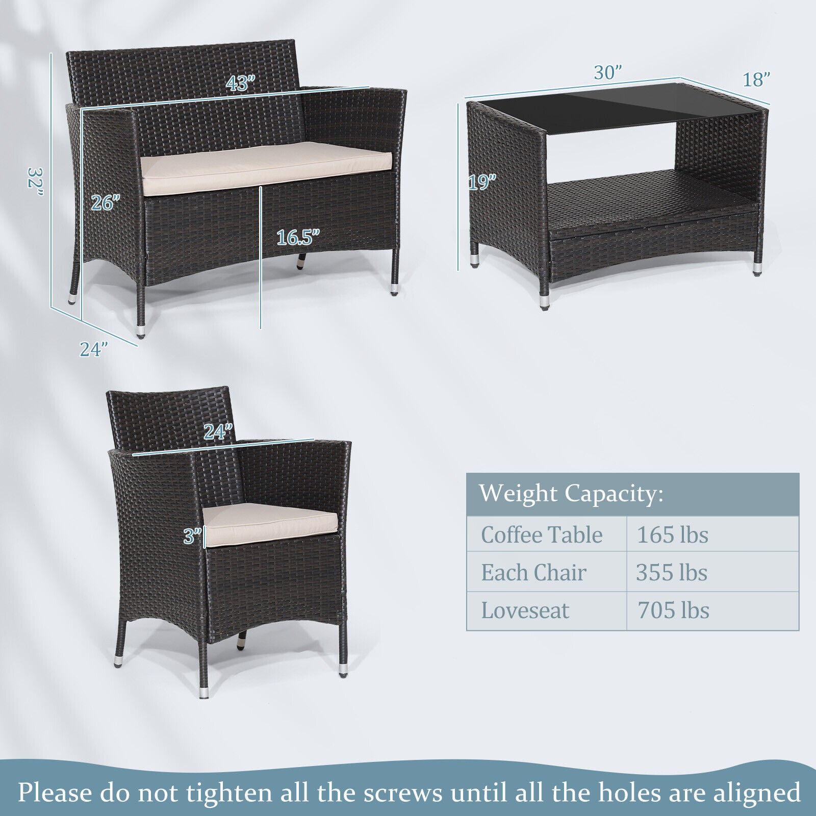 SUGIFT 4 Pieces Patio Conversation Set with Soft Cushions and Tempered Glass Tabletop