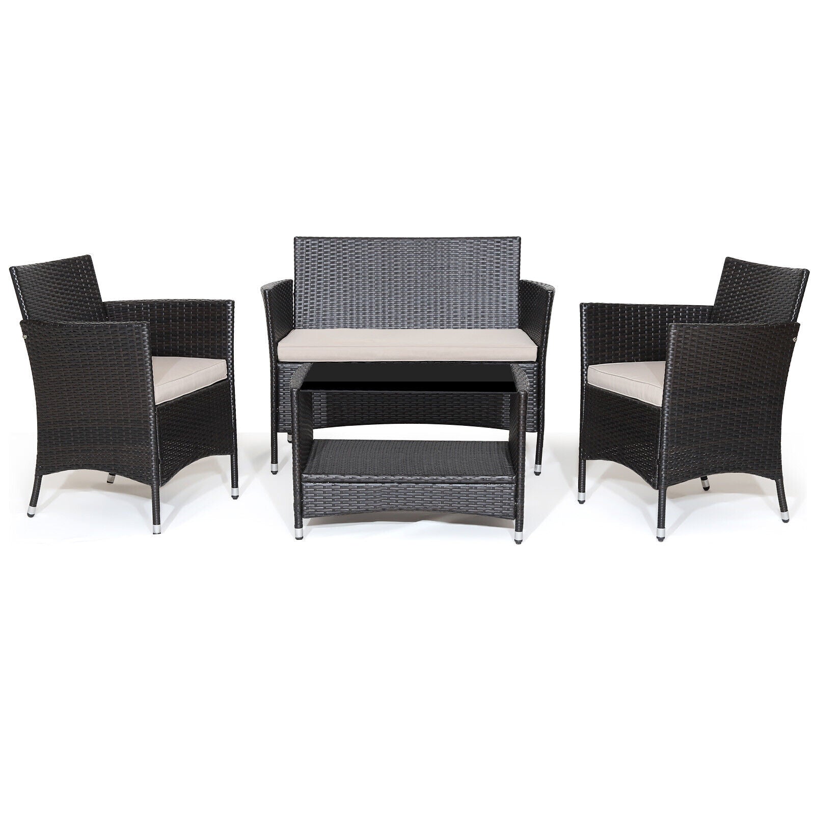 SUGIFT 4 Pieces Patio Conversation Set with Soft Cushions and Tempered Glass Tabletop